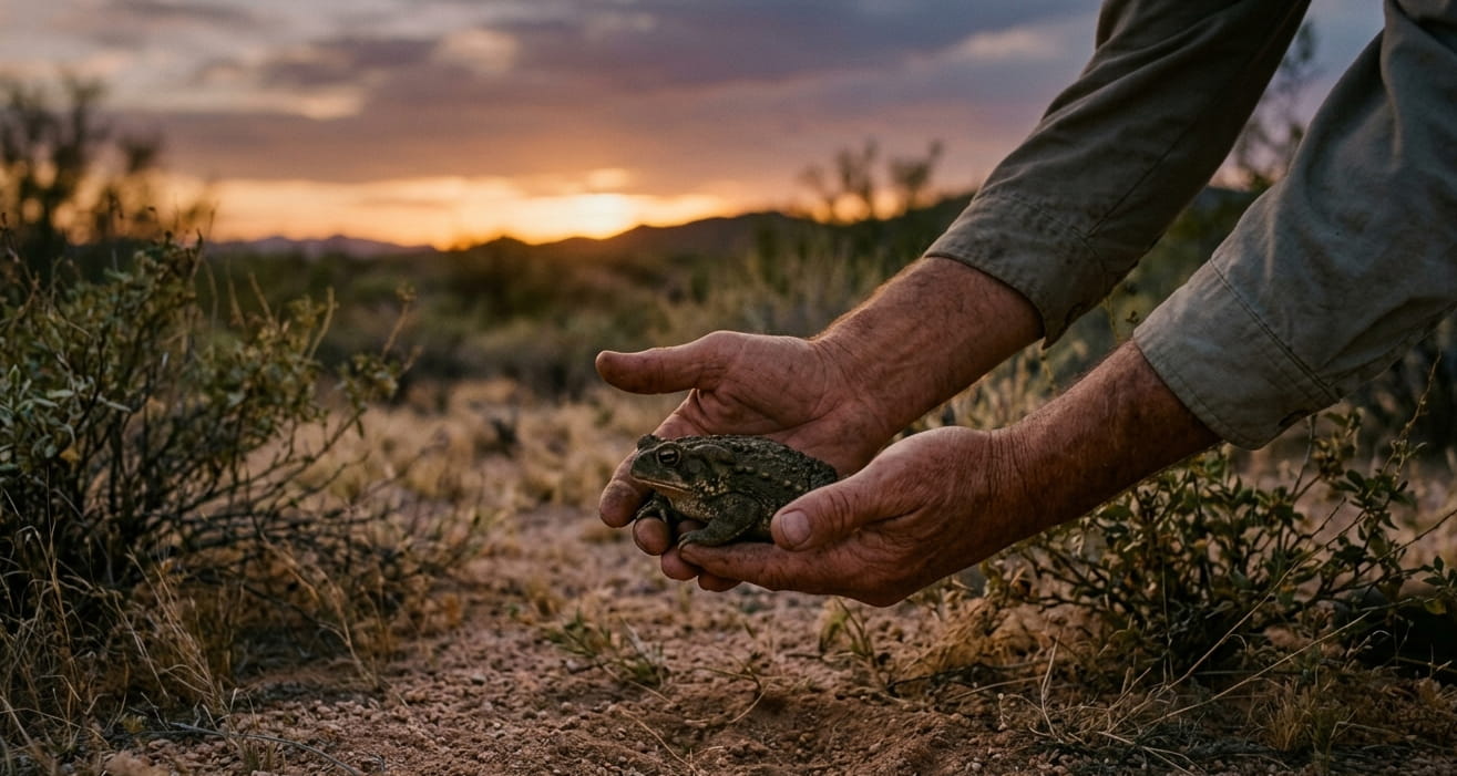 A man holding a Bufo Sonoran Desert toad