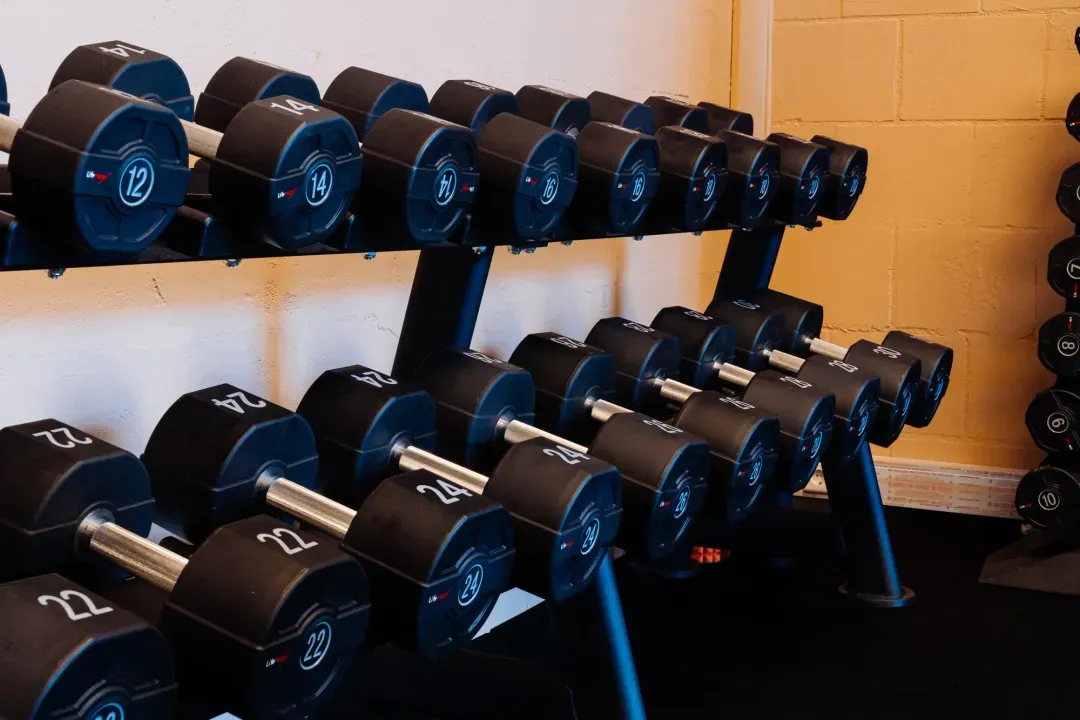 Rek met dumbbells in de gym van Fitbase