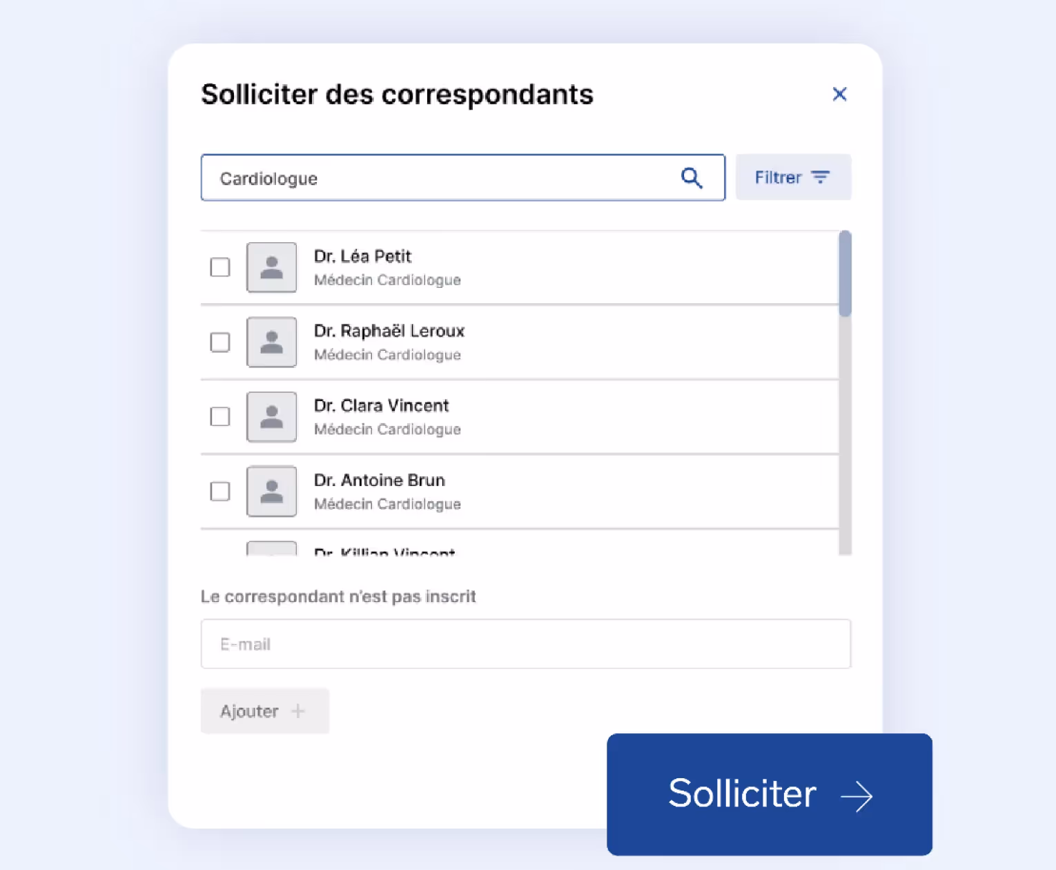 Capture d’écran d’une demande de téléexpertise auprès de médecins spécialistes pour un avis médical à distance.