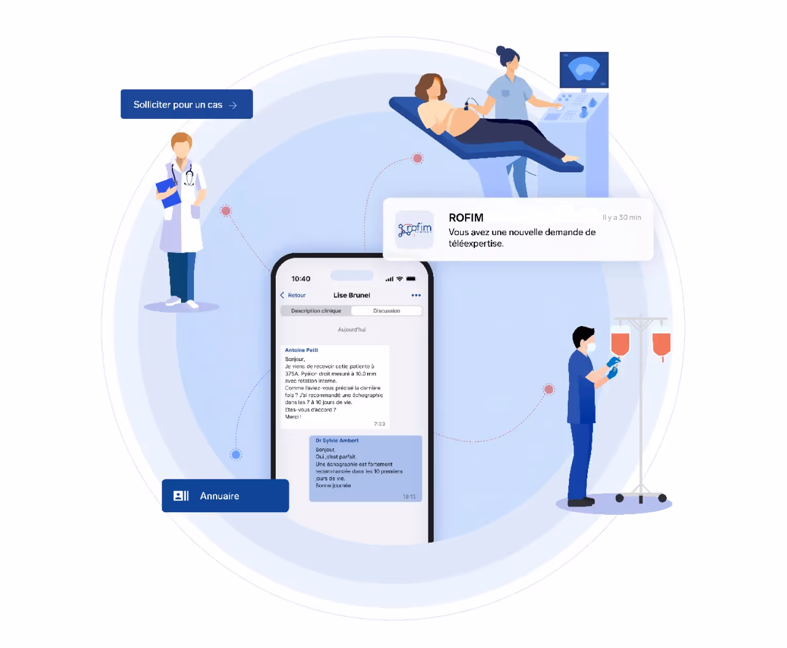 Infographie d’une demande d’avis médical via la plateforme Rofim pour illustrer la définition de la téléexpertise.