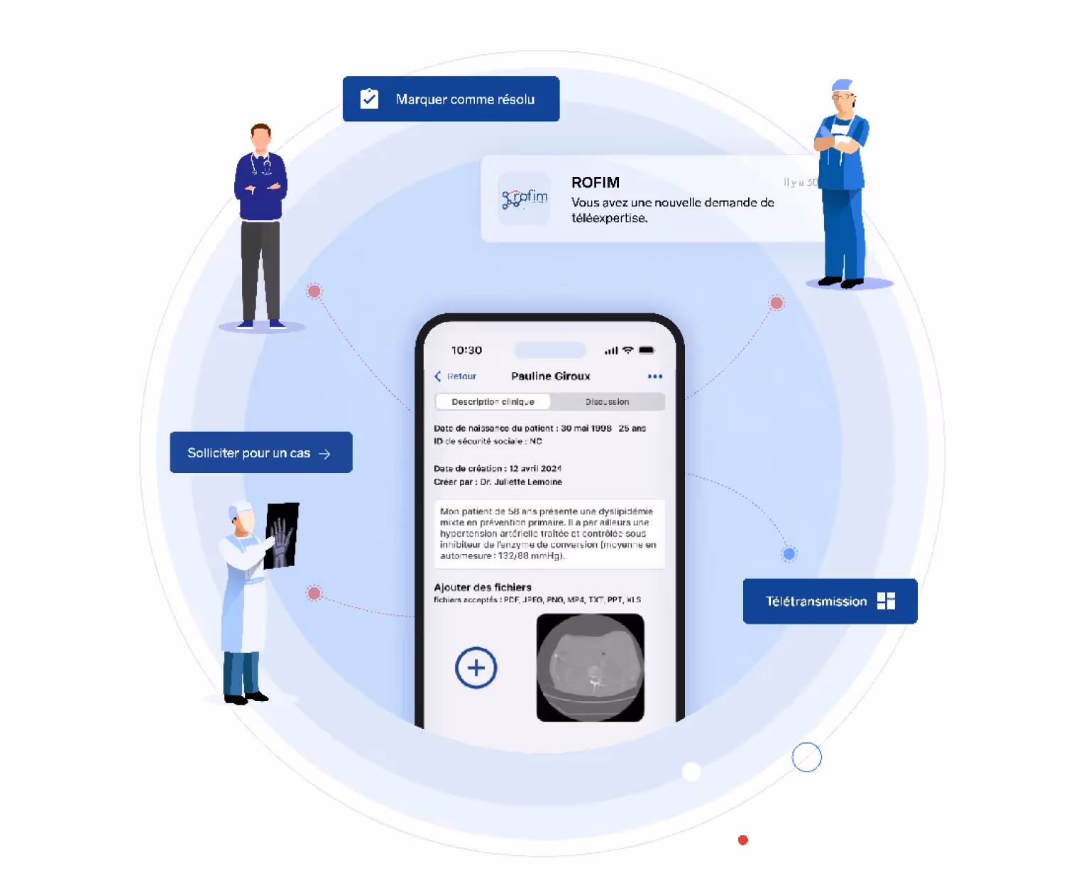 Infographie montrant les étapes d’une demande de téléexpertise médicale en ligne pour tous les professionnels de santé.
