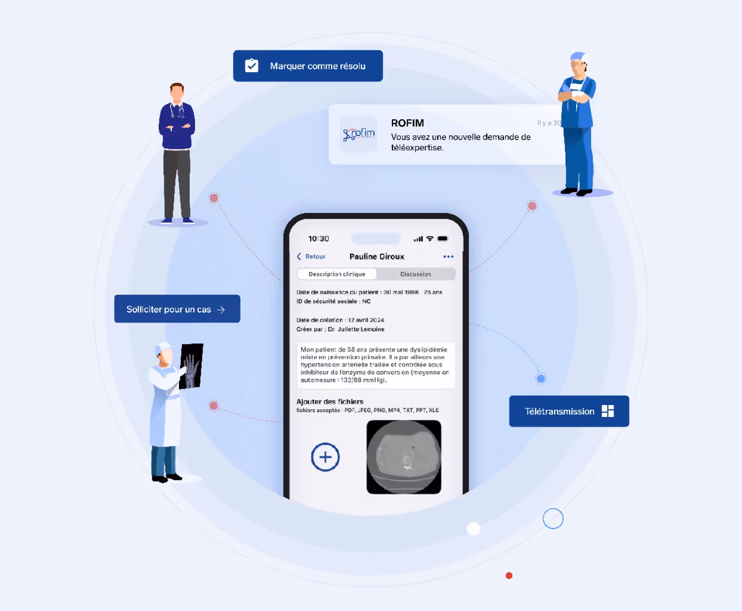Infographie présentant les étapes de la téléexpertise, de la demande d’avis médical à la résolution de l’acte.