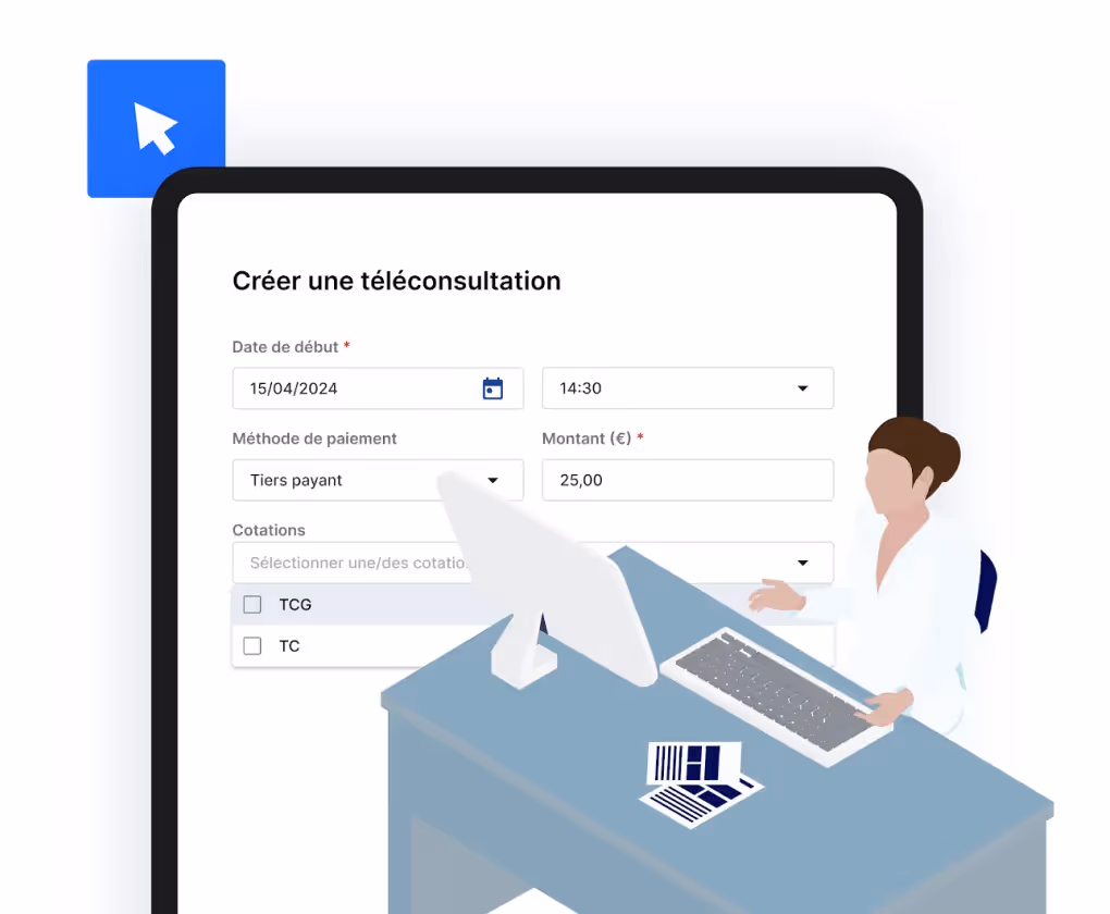 Infographie d’un médecin utilisant la téléconsultation pour optimiser le forfait structure et moderniser sa pratique médicale