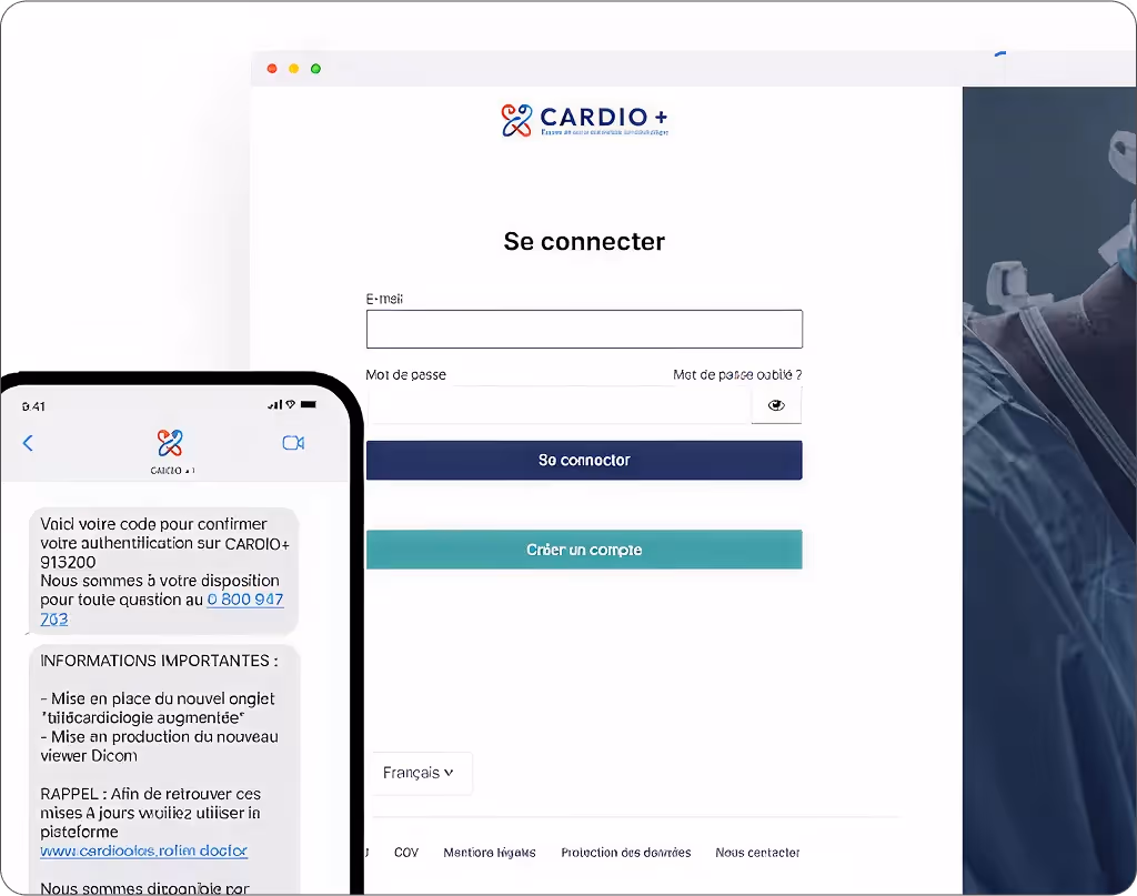 Interface de la plateforme Cardio+ dédiée à la télécardiologie augmentée, avec authentification sécurisée.