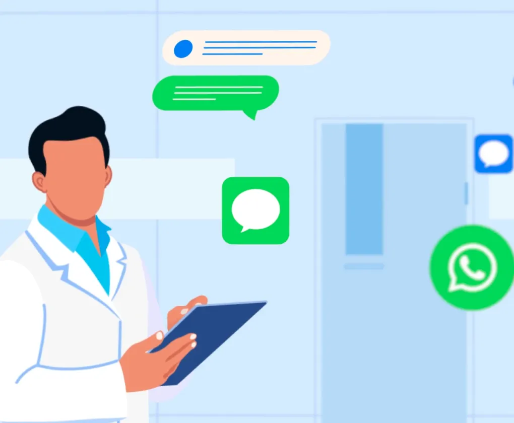 Illustration représentant deux médecins hospitaliers qui échangent grâce à une messagerie instantanée.