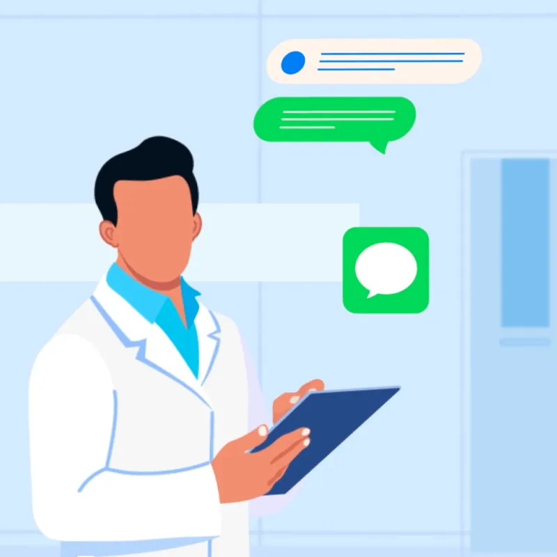 Illustration représentant deux médecins hospitaliers qui échangent grâce à une messagerie instantanée.