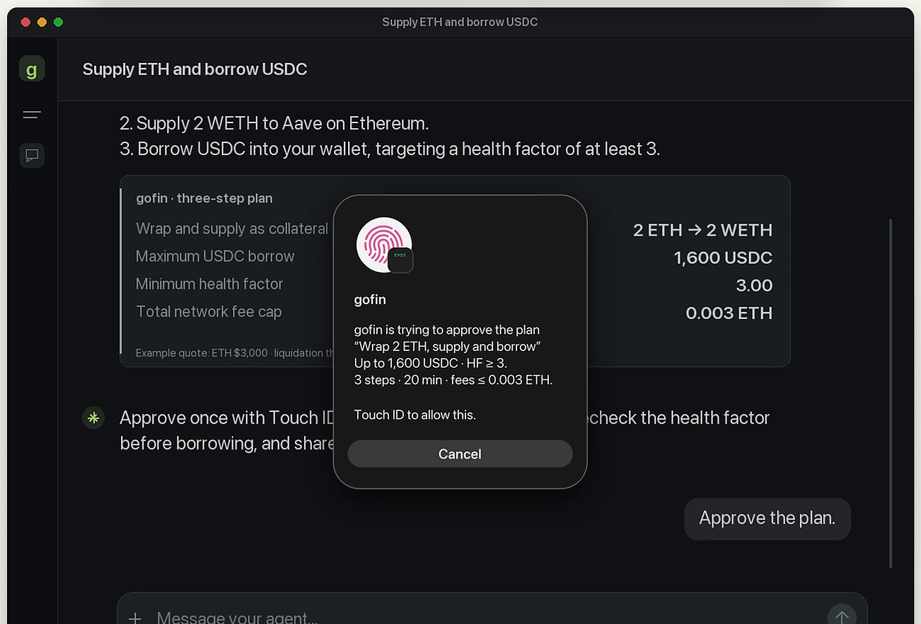 Touch ID prompt approving a three-step GoFin plan to supply 2 ETH to Aave and borrow up to 1,600 USDC