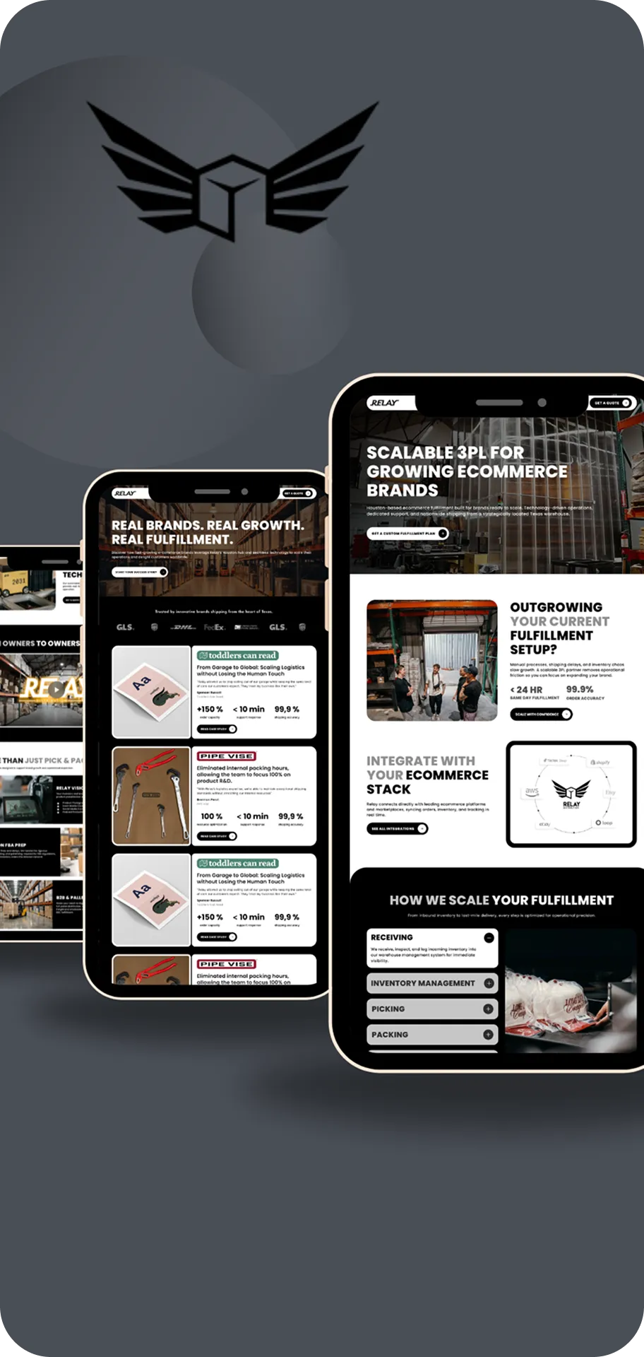 Pantallas móviles con contenido de sitio web sobre marcas reales y crecimiento en ecommerce.