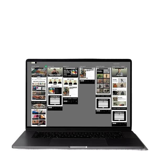 Portátil con pantalla mostrando múltiples pestañas de diseño web para secciones y estudios de caso.