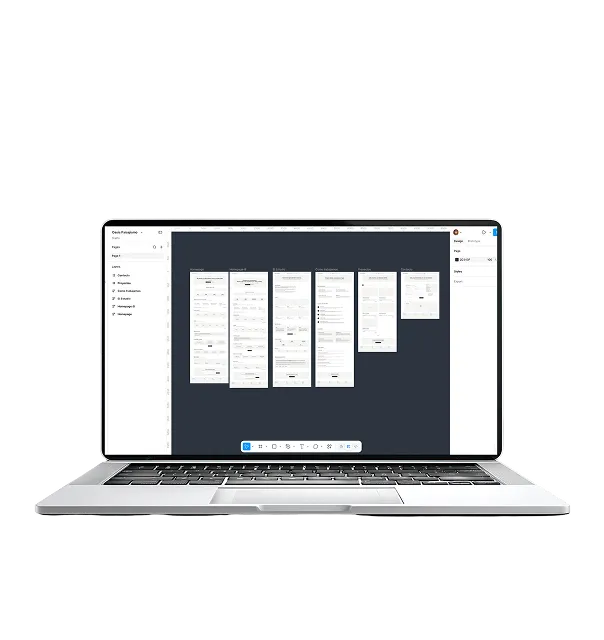 Laptop mostrando en la pantalla la plataforma Figma con wireframes