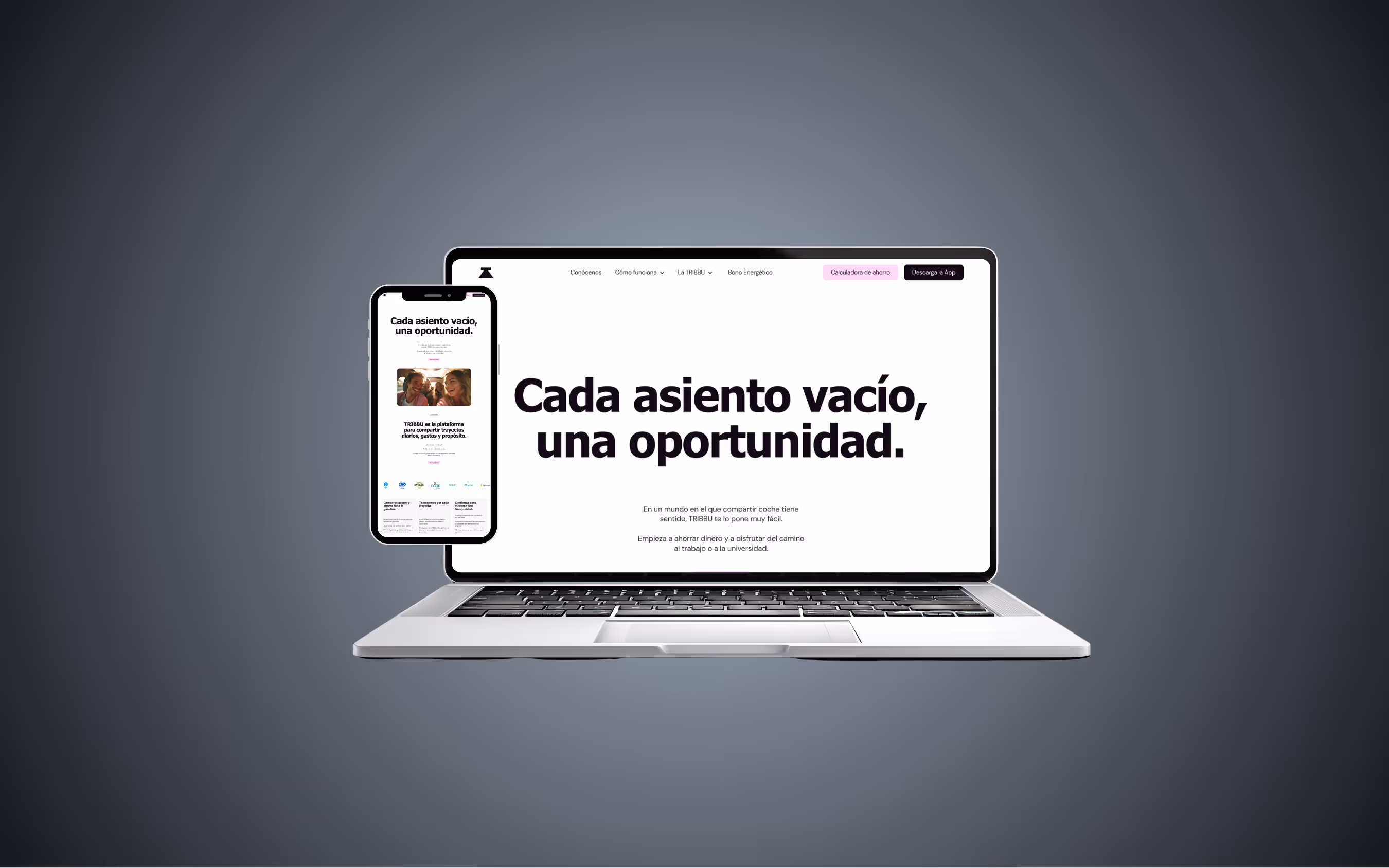 Pantalla de laptop y móvil con texto "Cada asiento vacío, una oportunidad" en sitio web de TRIBBU.