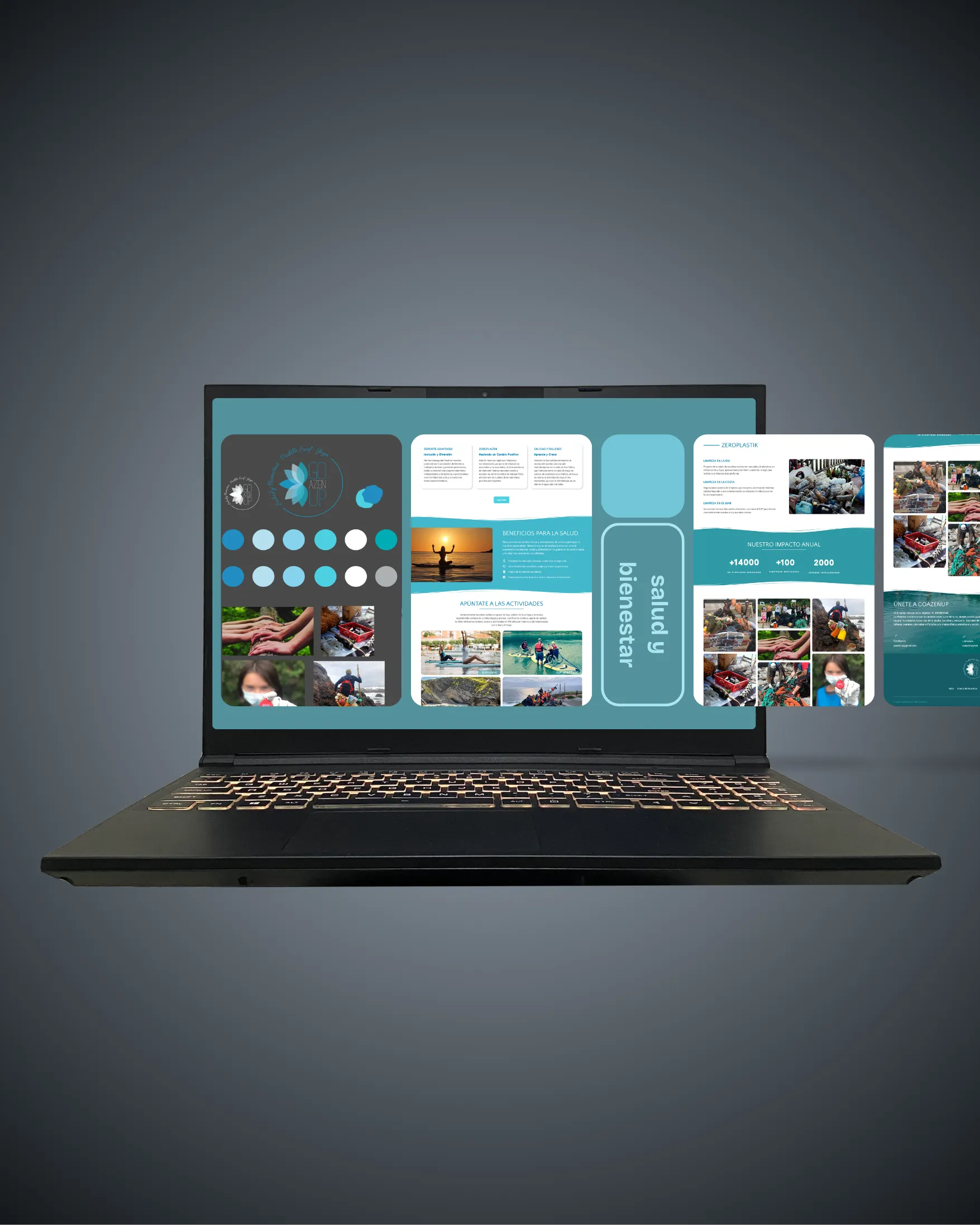 Portátil negro con pantalla que muestra diseño digital azul y fotos de actividades al aire libre y limpieza.