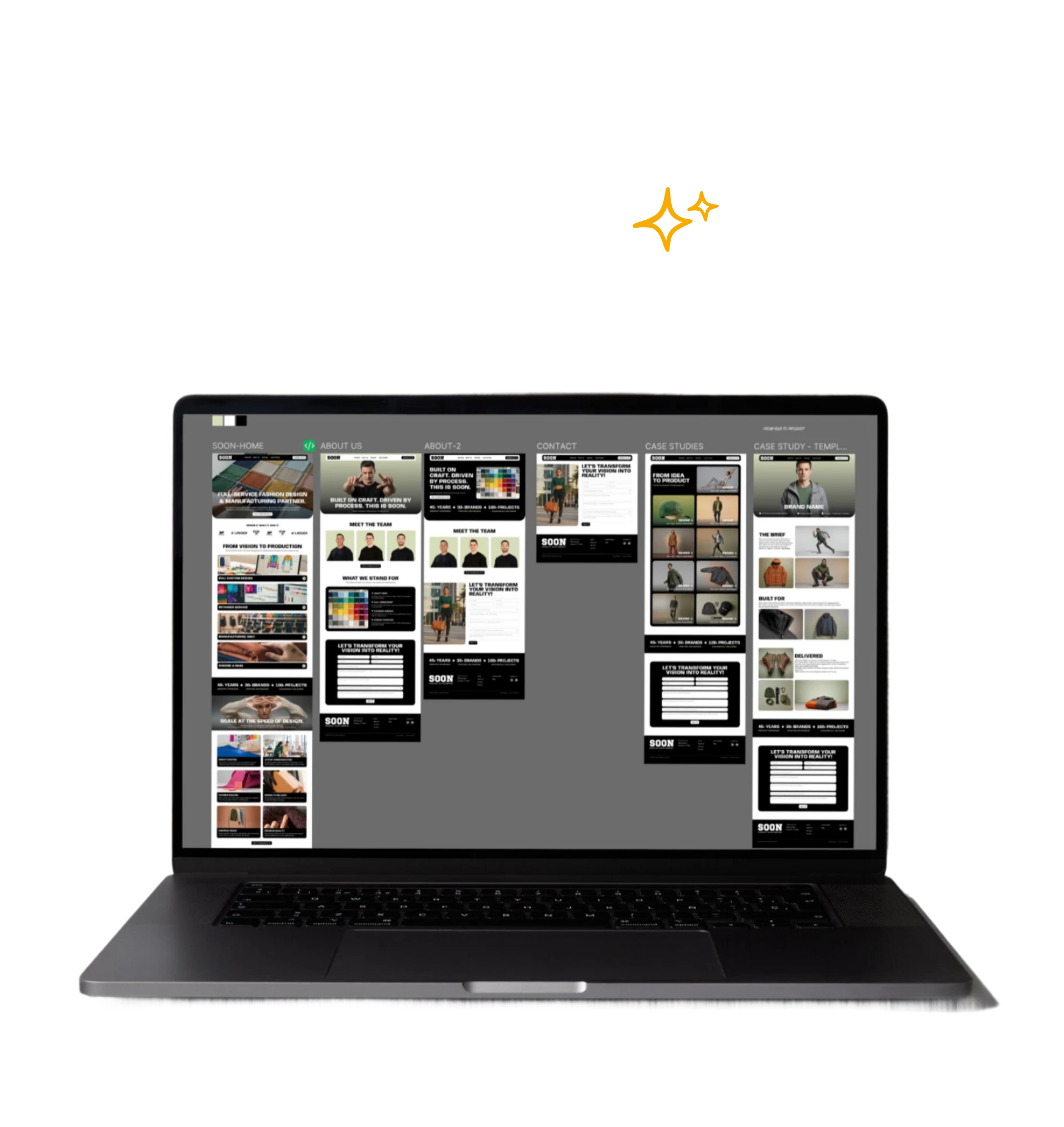 Portátil mostrando diseño web con múltiples bocetos de páginas para un sitio de moda y estudios de caso.