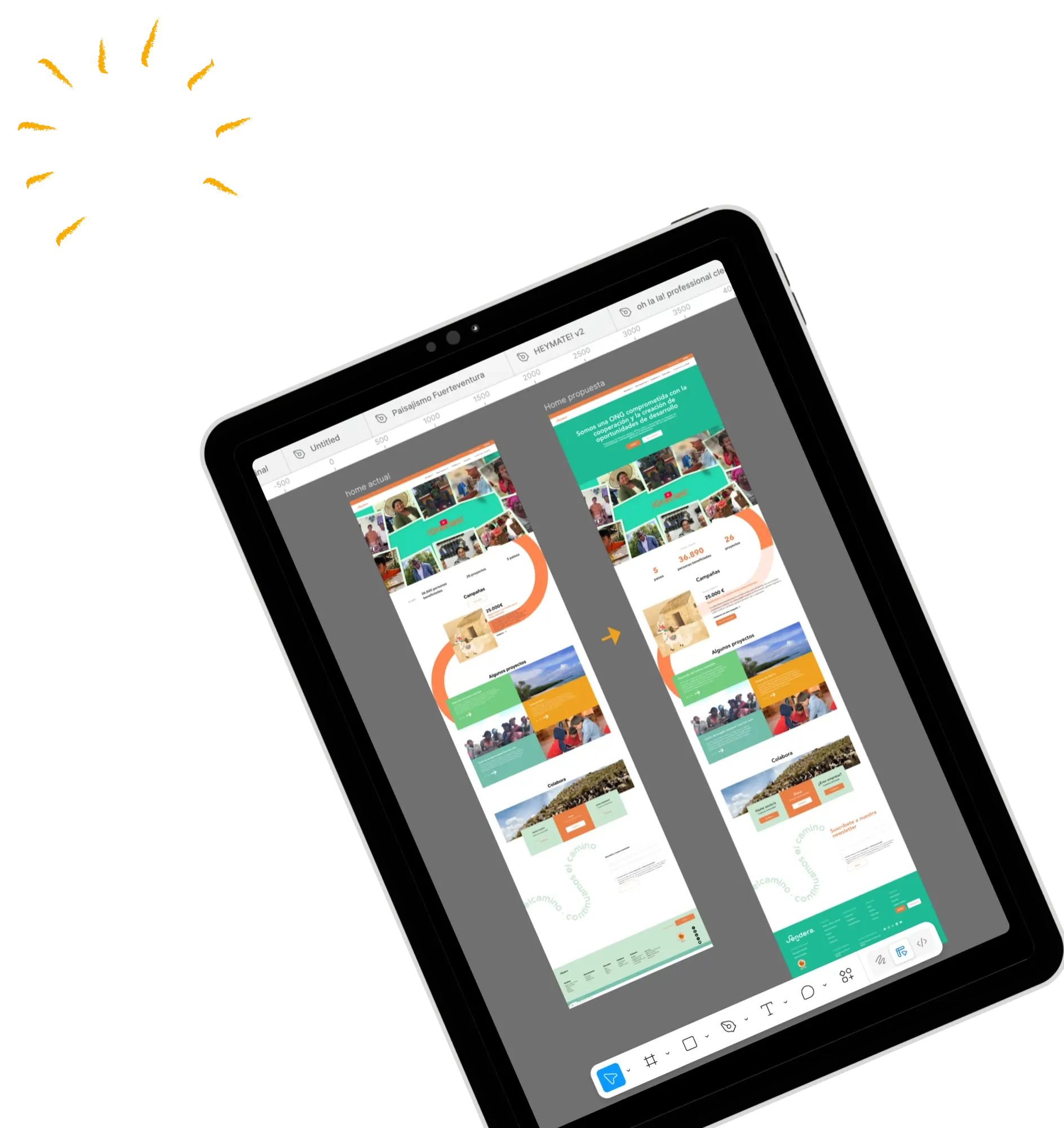 Pantalla de tableta mostrando comparación de diseños web de inicio actual y propuesto para una ONG.
