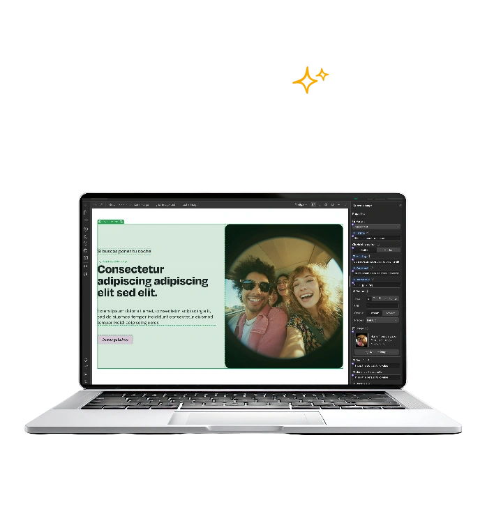 Portátil mostrando una pantalla con texto y una foto circular, mostrando un componente en webflow de texto a la izquierda e imagen a la derecha