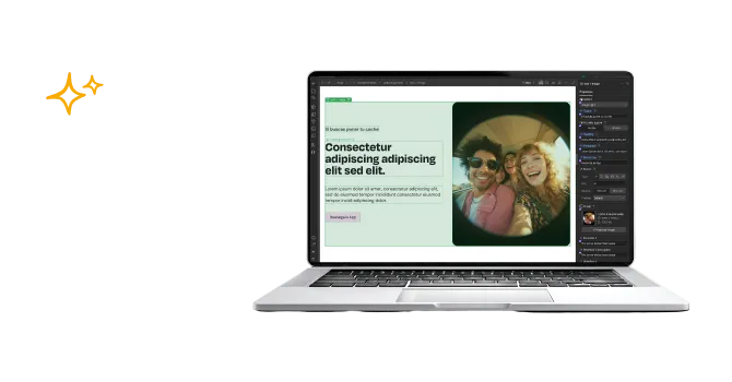 Portátil mostrando una pantalla con texto y una foto circular, mostrando un componente en webflow de texto a la izquierda e imagen a la derecha