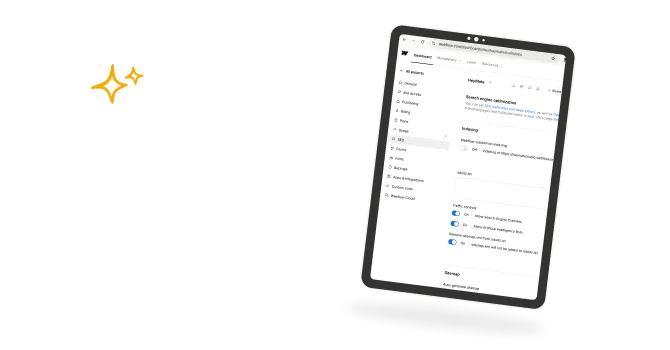 ipad mostrando en la pantalla la pestaña de SEO en configuracion del proyecto en Webflow