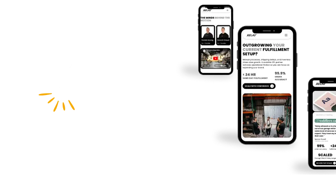 tres moviles mostrando la web de relay distro ya publicada y funcionando