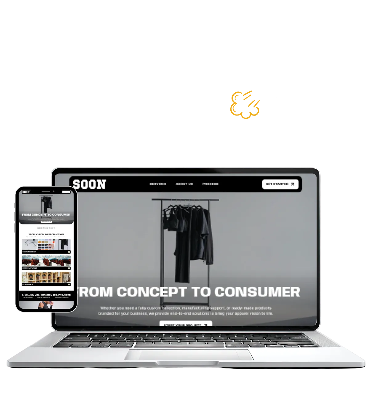 Coat rack with black clothes displayed on a laptop and mobile screen with a rocket icon above.