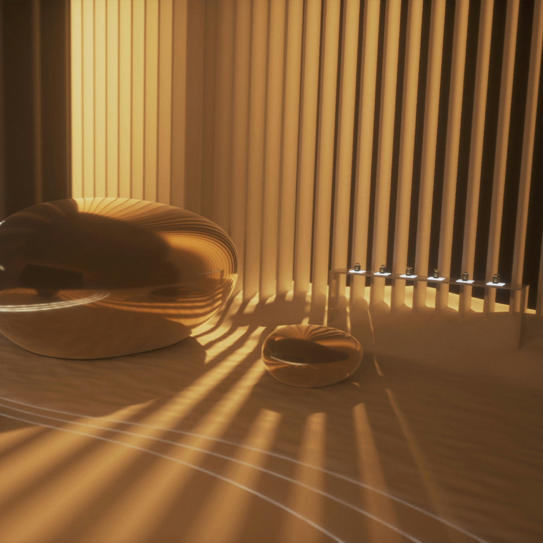 Détail de rendu 3D mettant en valeur volumes et matières de la scénographie événementielle.