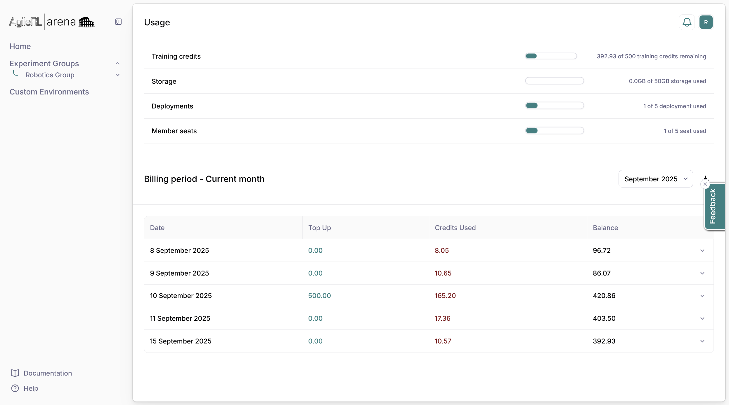 Arena billing and members page