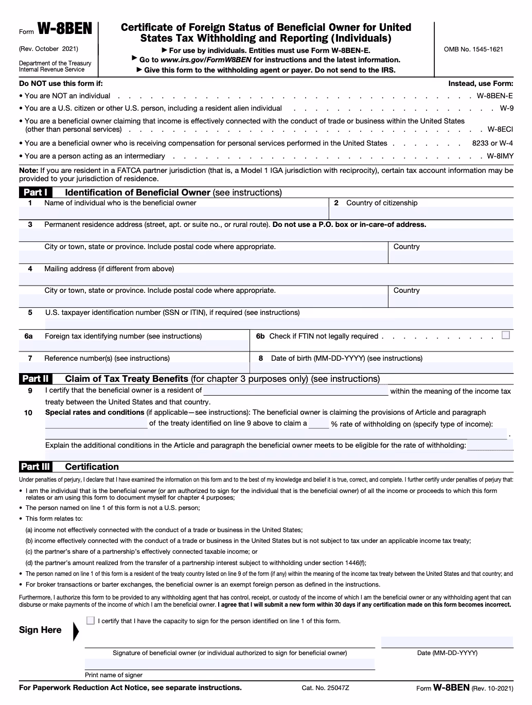 W-8 BEN Tax Form