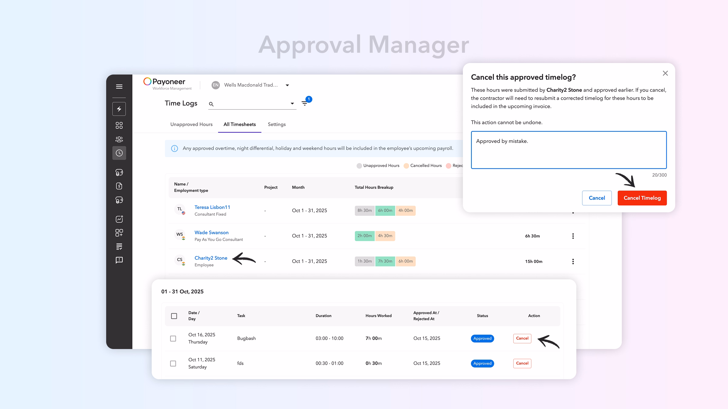 Cancel Approved Time Logs Manager