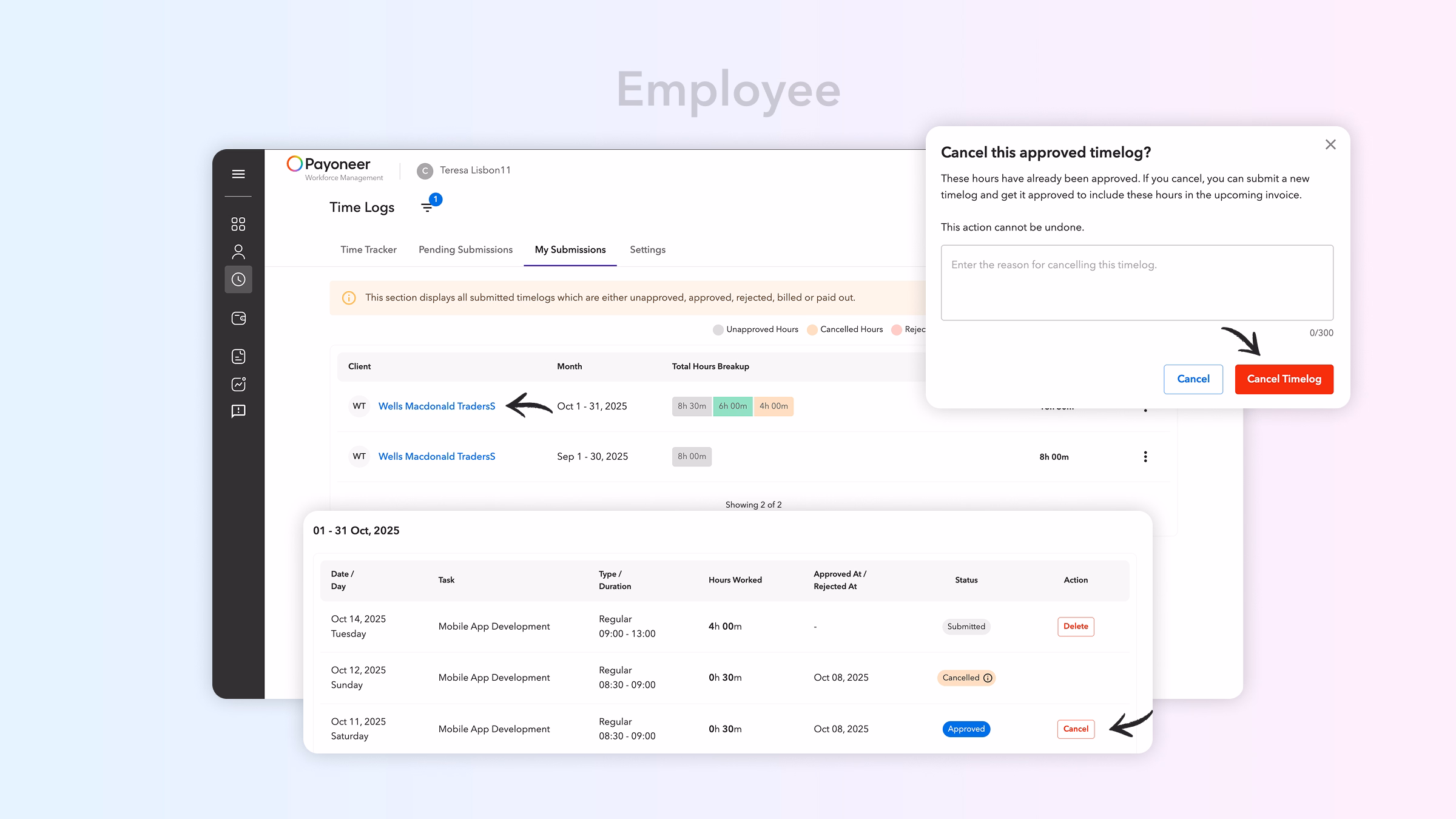 Cancel Approved Time Logs Employee