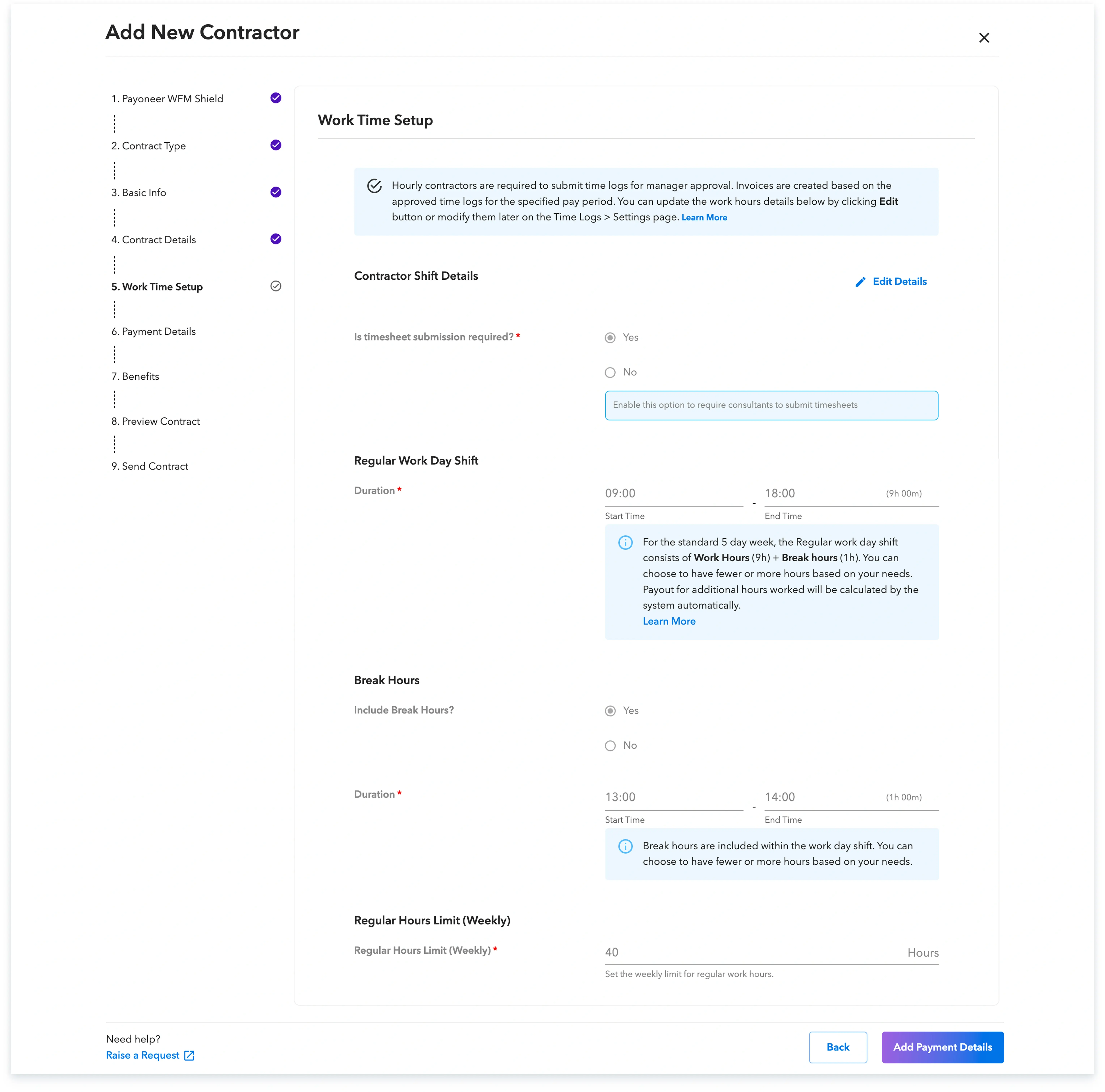 Enter the work time details