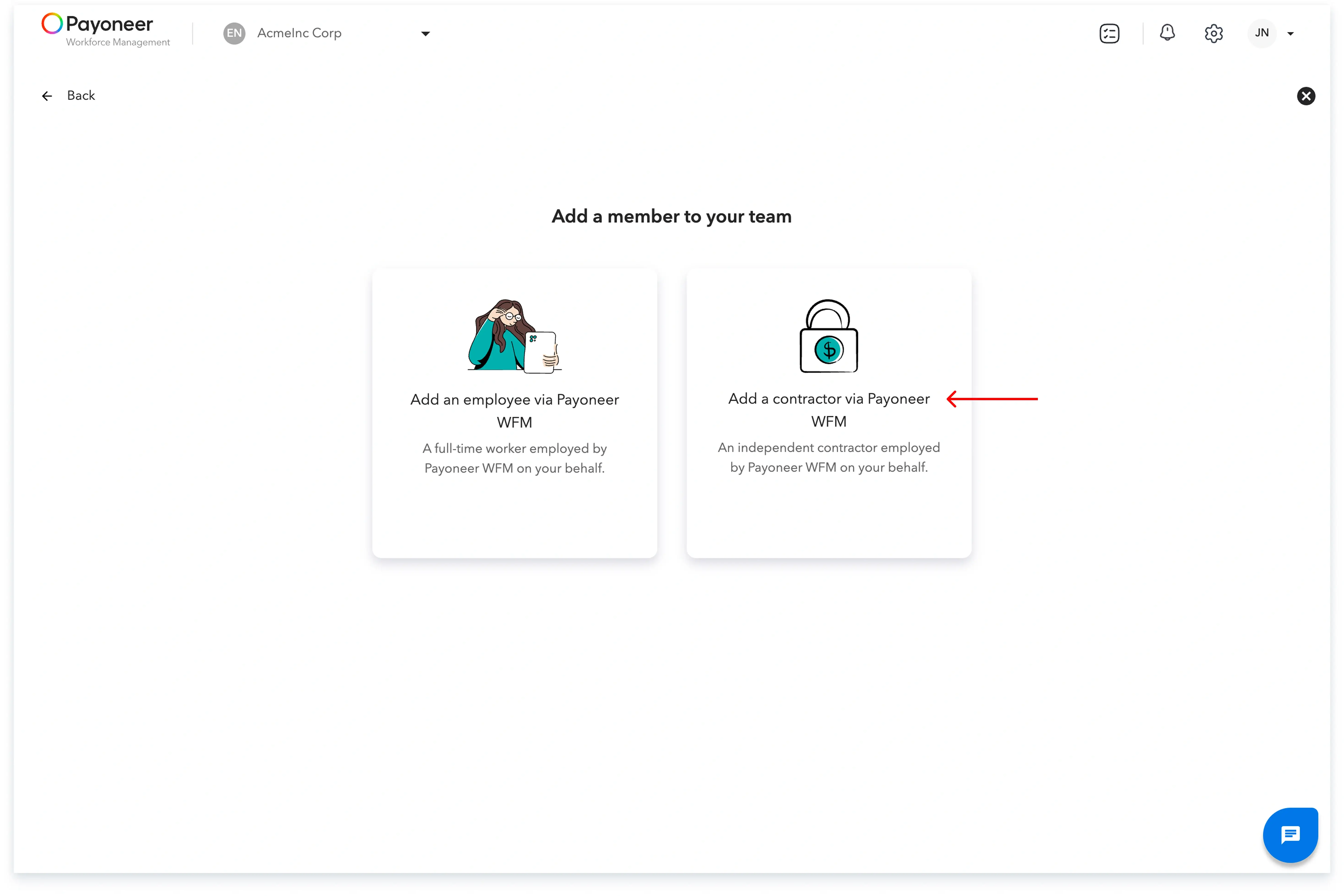 add a contractor via Payoneer WFM 