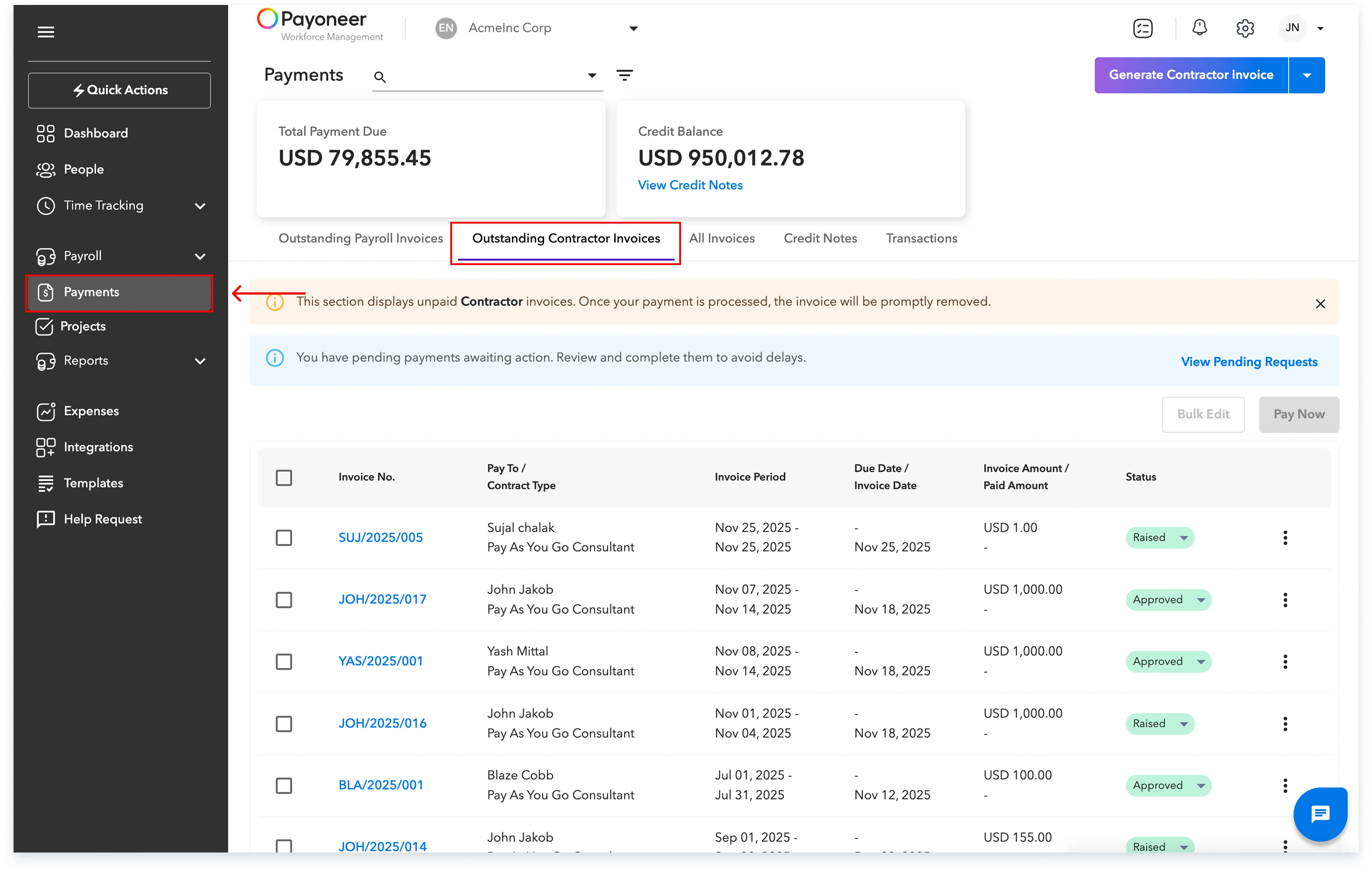 Outstanding Contractor Invoices