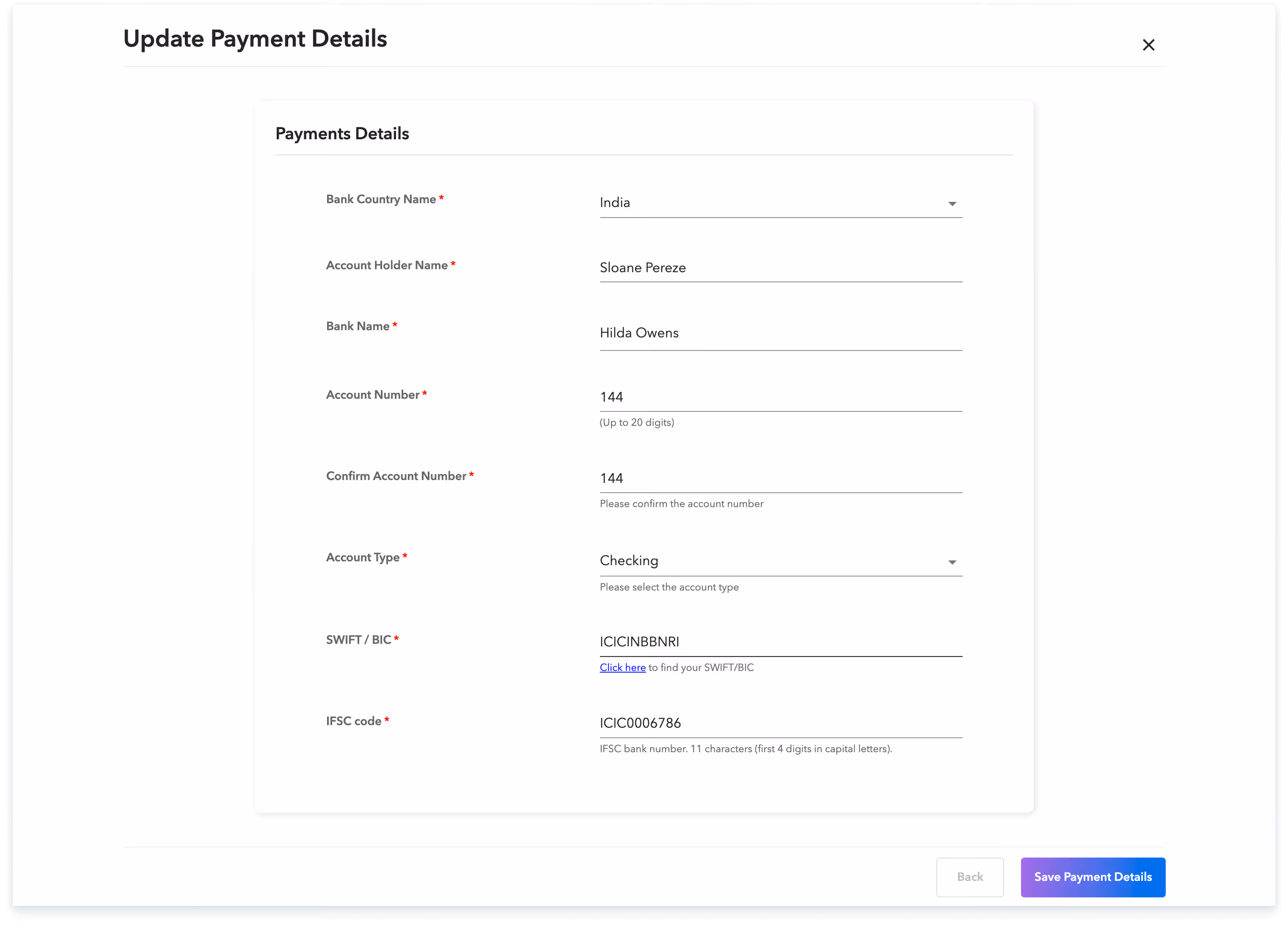 Wfm update payment details