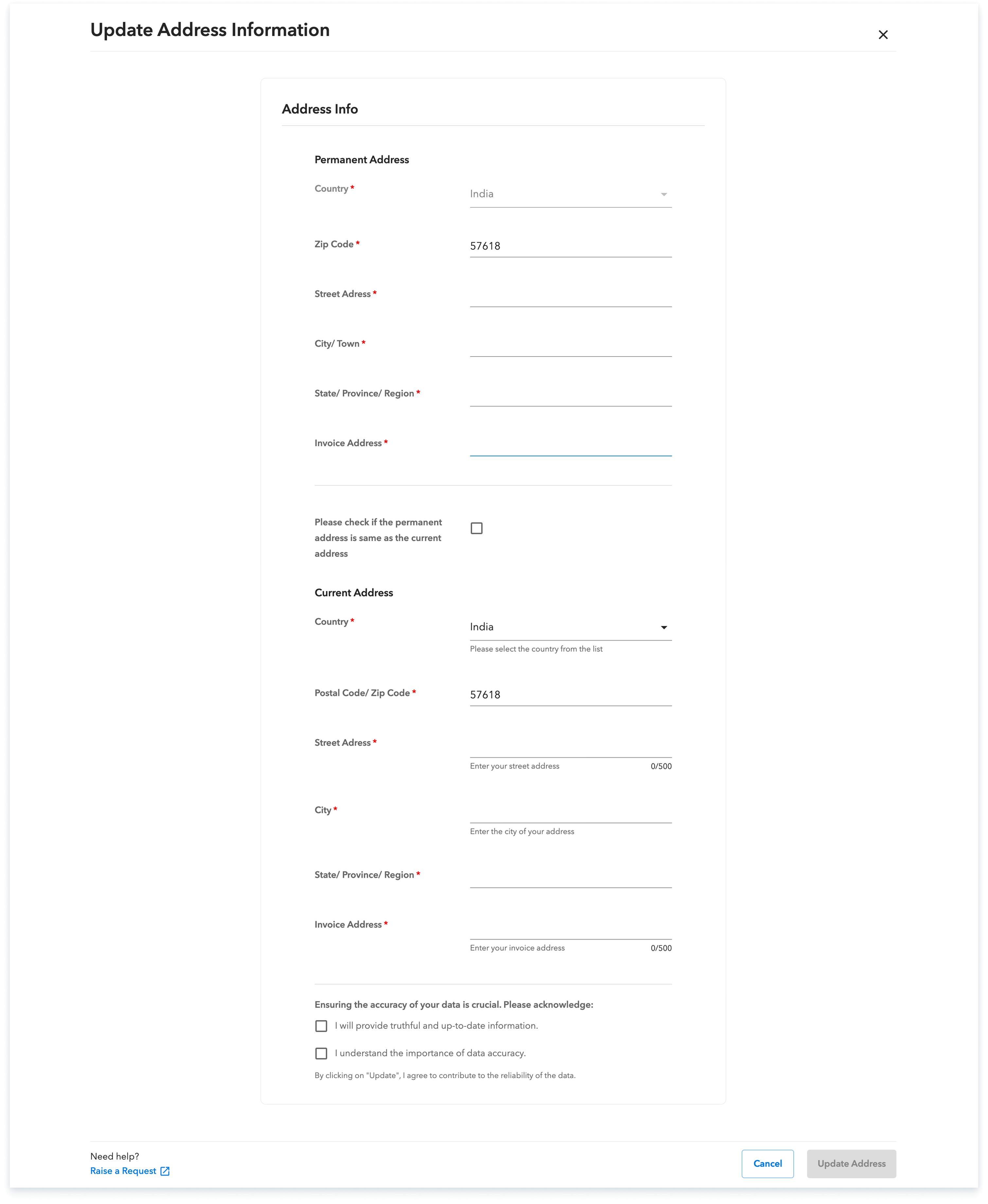 Wfm update address details
