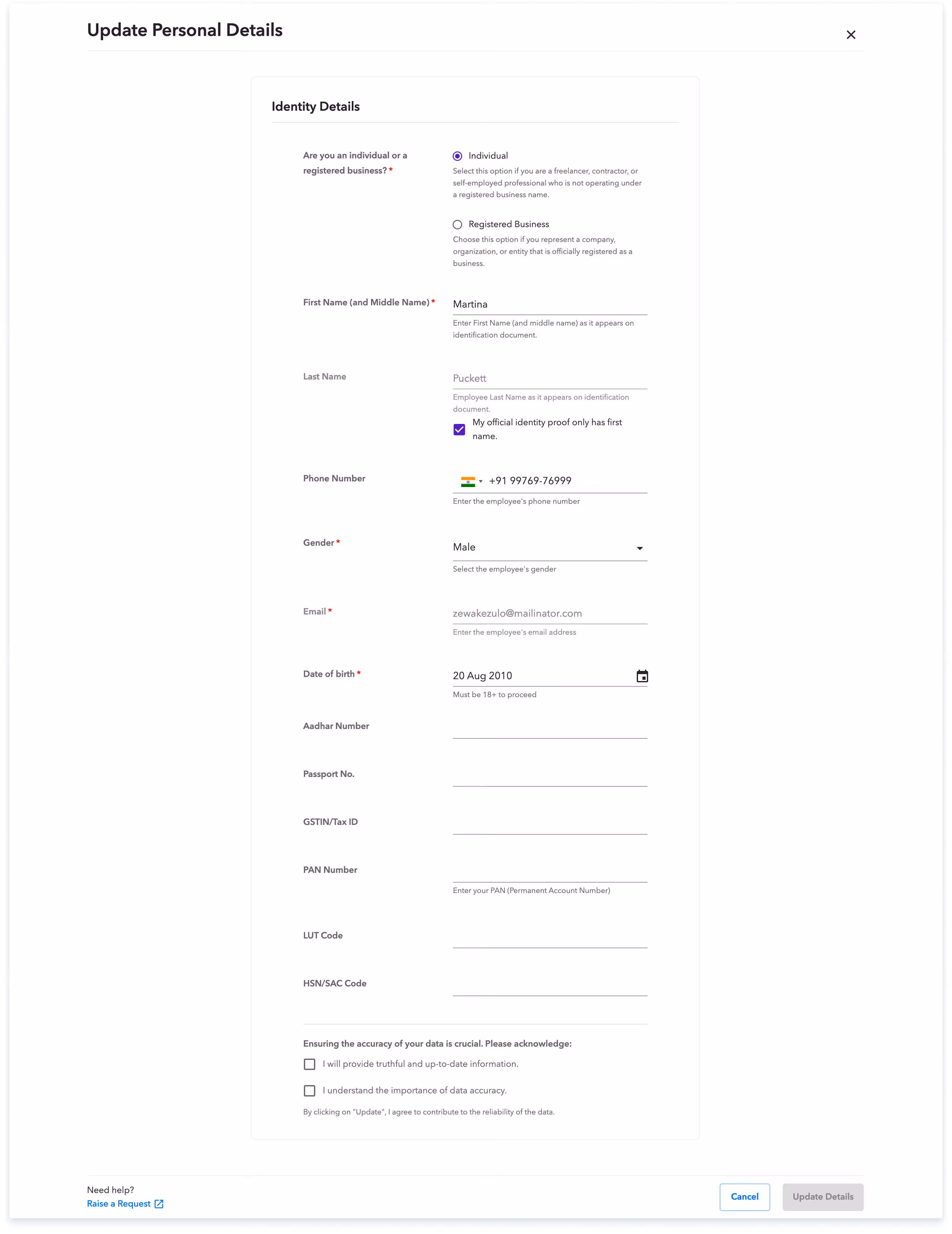 Wfm update personal details