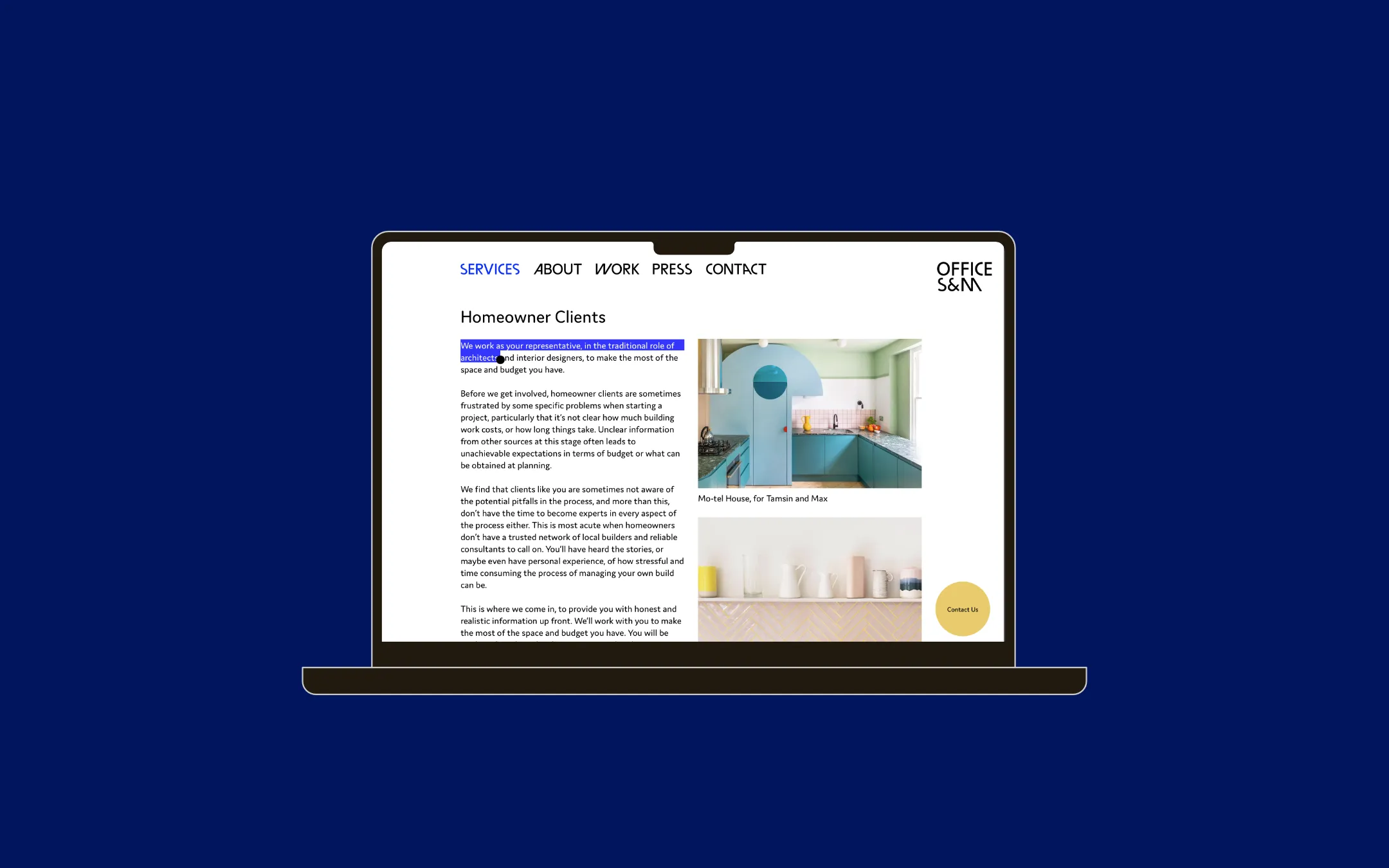 MacBook mockup showing the homepage of the new Office S&M website.