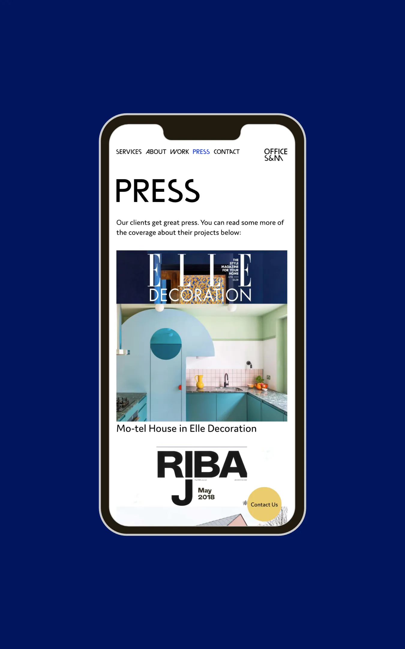 iPhone displaying the contact section of the Office S&M website.