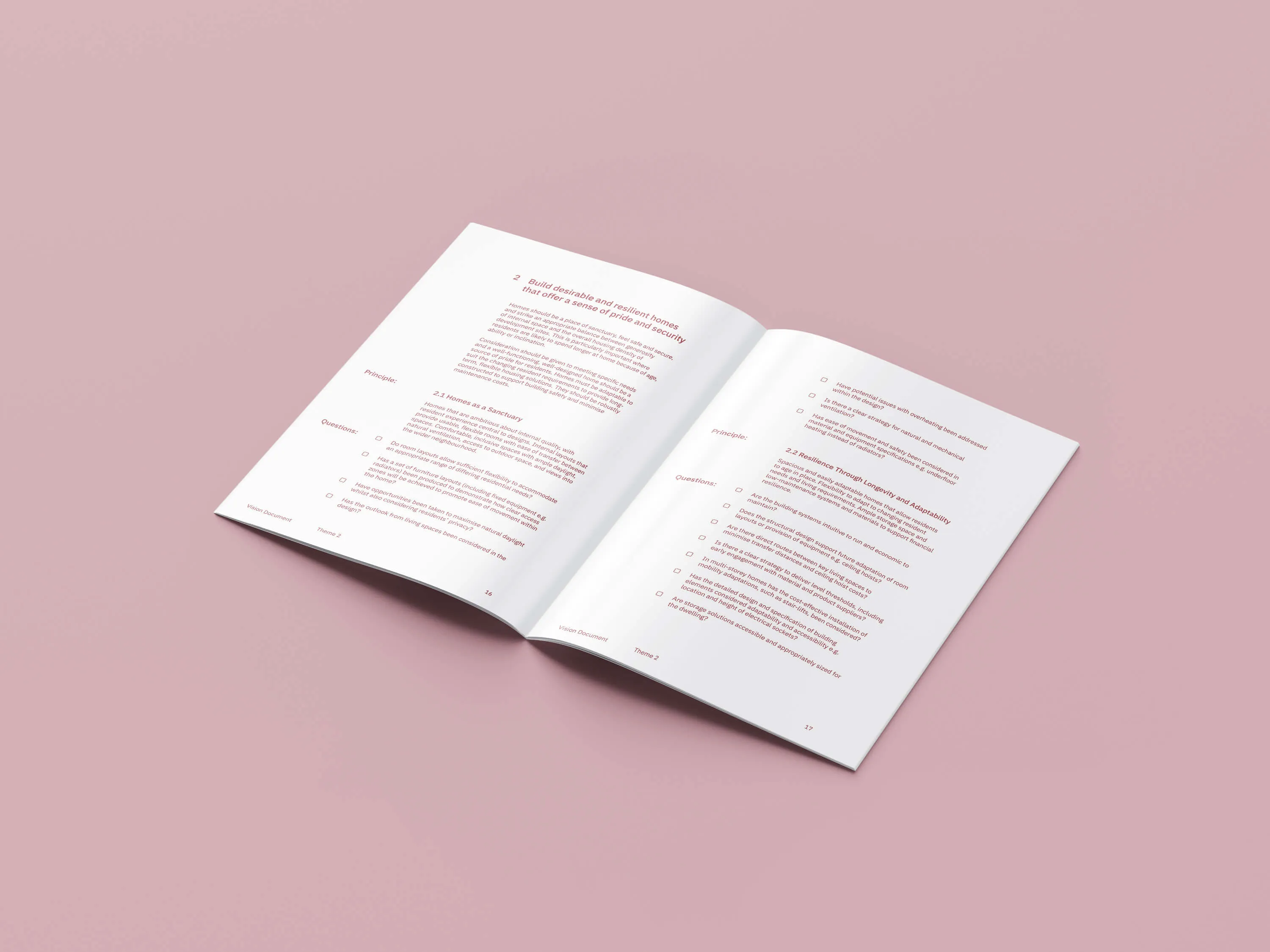 Mockup of inner pages from the Habinteg Vision Document showing architectural illustrations and themed colour coding.
