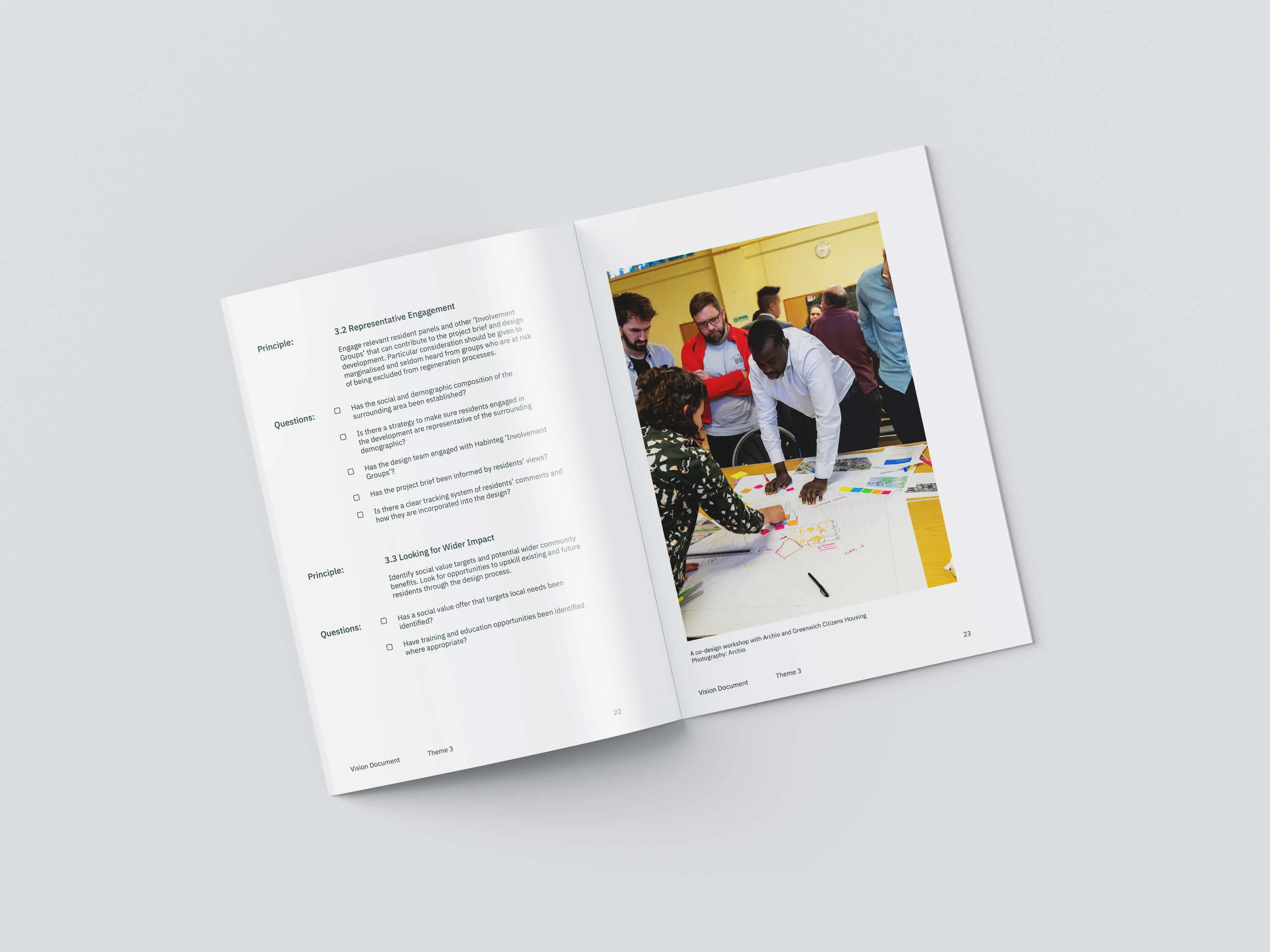 Spread mockup from the Habinteg Vision Document featuring inclusive housing illustrations.