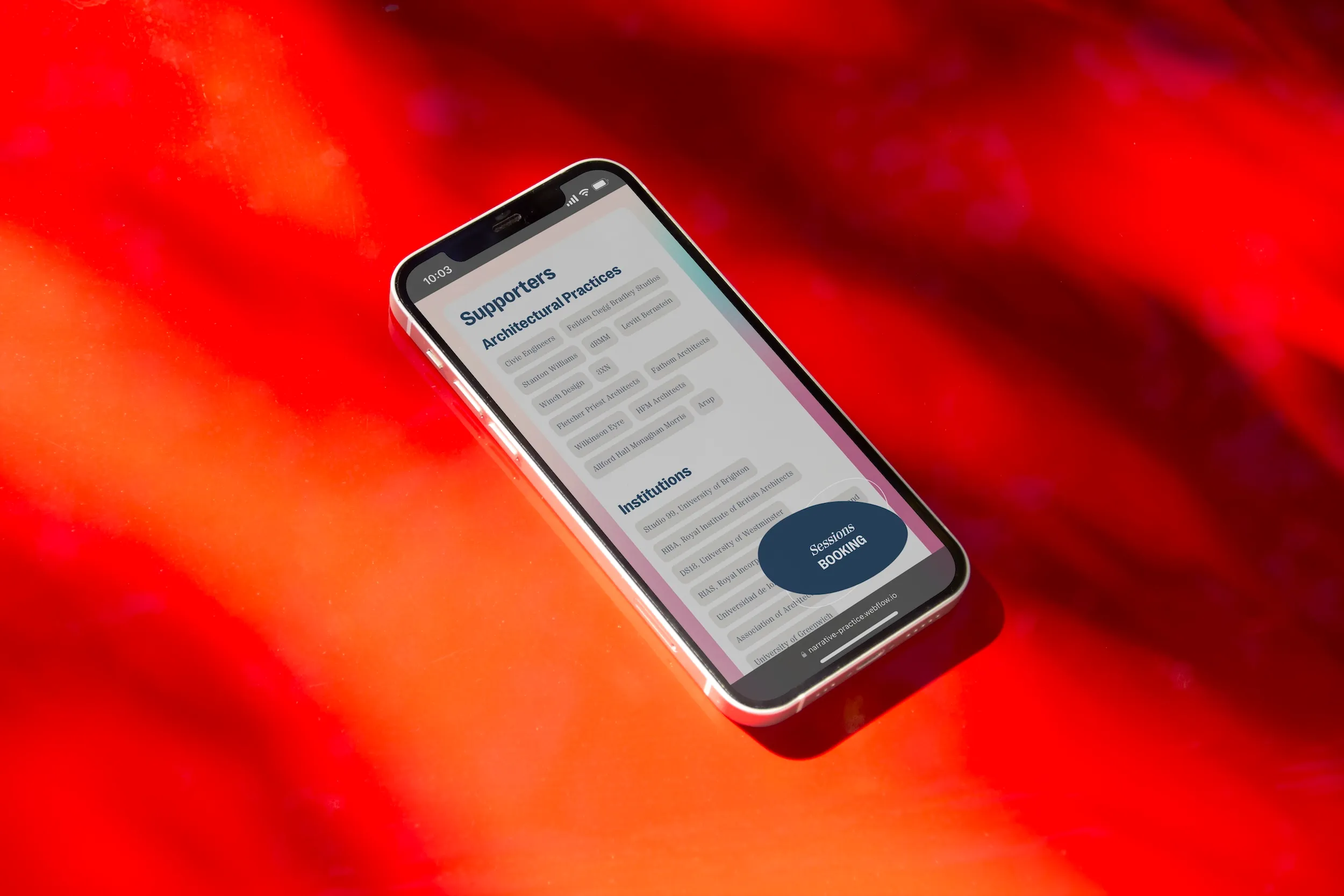 Phone mockup displaying the Narrative Practice website on a mobile device, showcasing the bright colours and clear organisation.