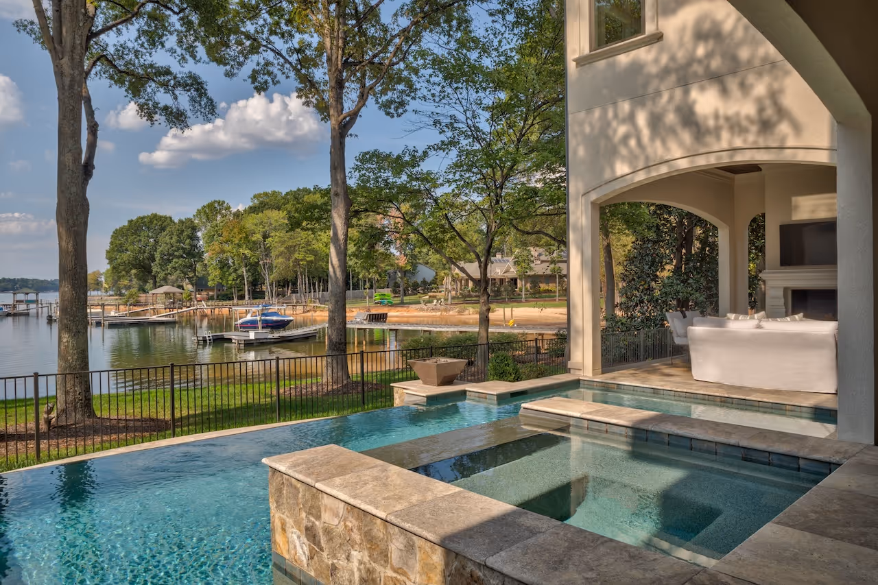 View of pool deck and Lake Norman living