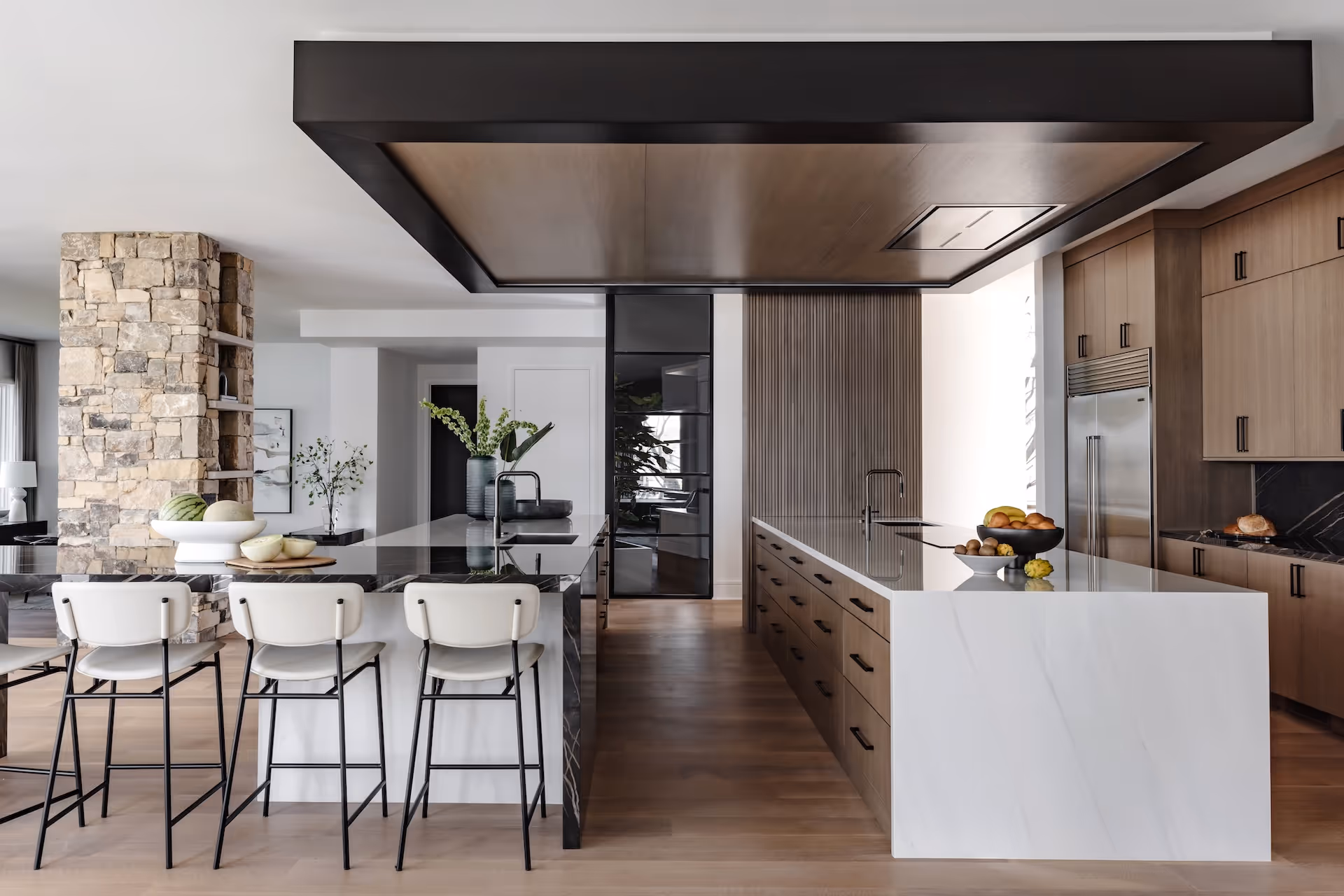 Bulkhead ceiling design with waterfall island