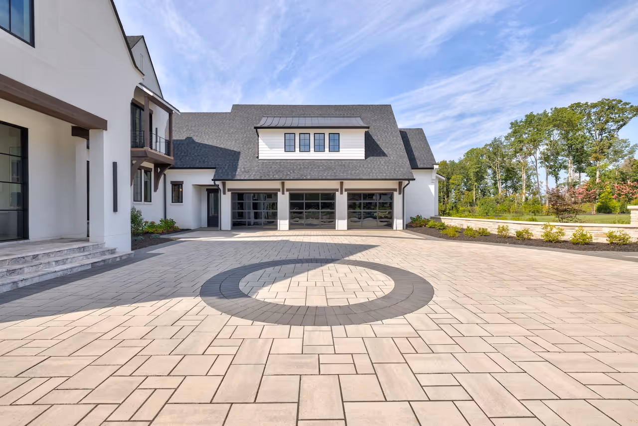 Close‑up of the home’s exterior three car garage