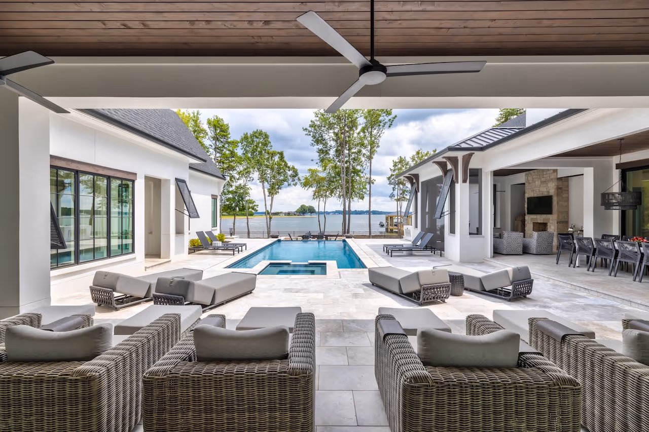 Patio deck with outdoor decor and Lake Norman views
