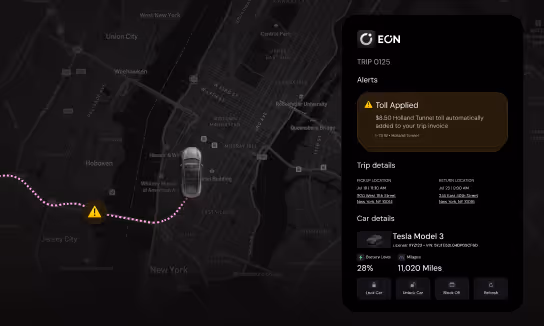 Electric car trip interface showing a Tesla Model 3 on a New York City map with a toll alert for $3.50 Holland Tunnel fee and trip details including pickup and return locations, battery at 28%, and mileage of 11,020 miles.