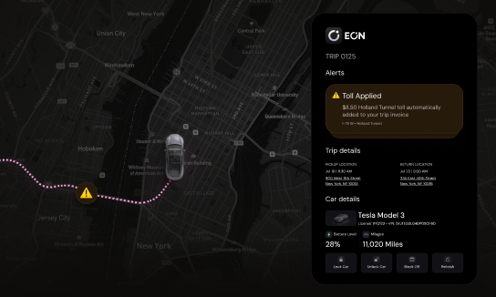 Electric car trip interface showing a Tesla Model 3 on a New York City map with a toll alert for $3.50 Holland Tunnel fee and trip details including pickup and return locations, battery at 28%, and mileage of 11,020 miles.