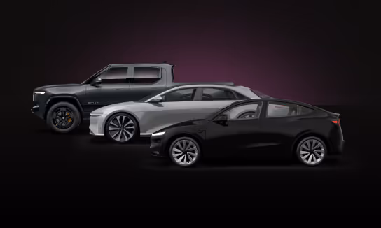 Three electric vehicles in a row on a dark background: a black sedan at front, a silver SUV in the middle, and a black pickup truck in the back.