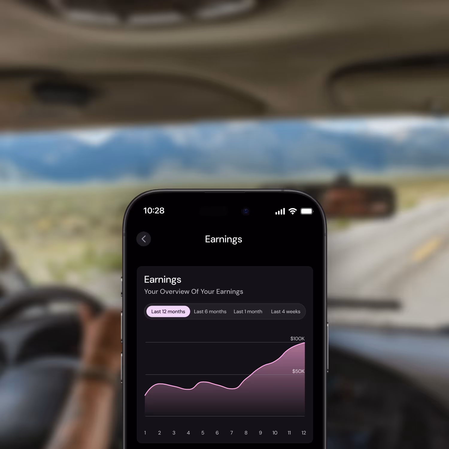 Smartphone screen showing an earnings overview graph with growing income over 12 months in a car interior.