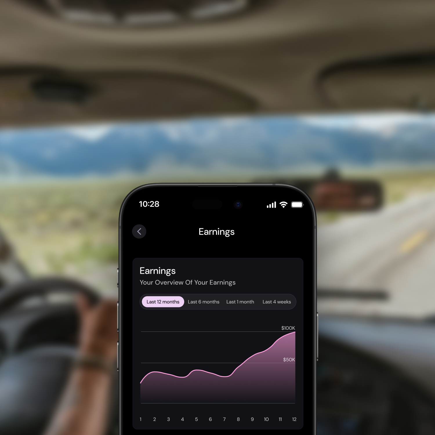 Smartphone screen showing an earnings overview graph with growing income over 12 months in a car interior.