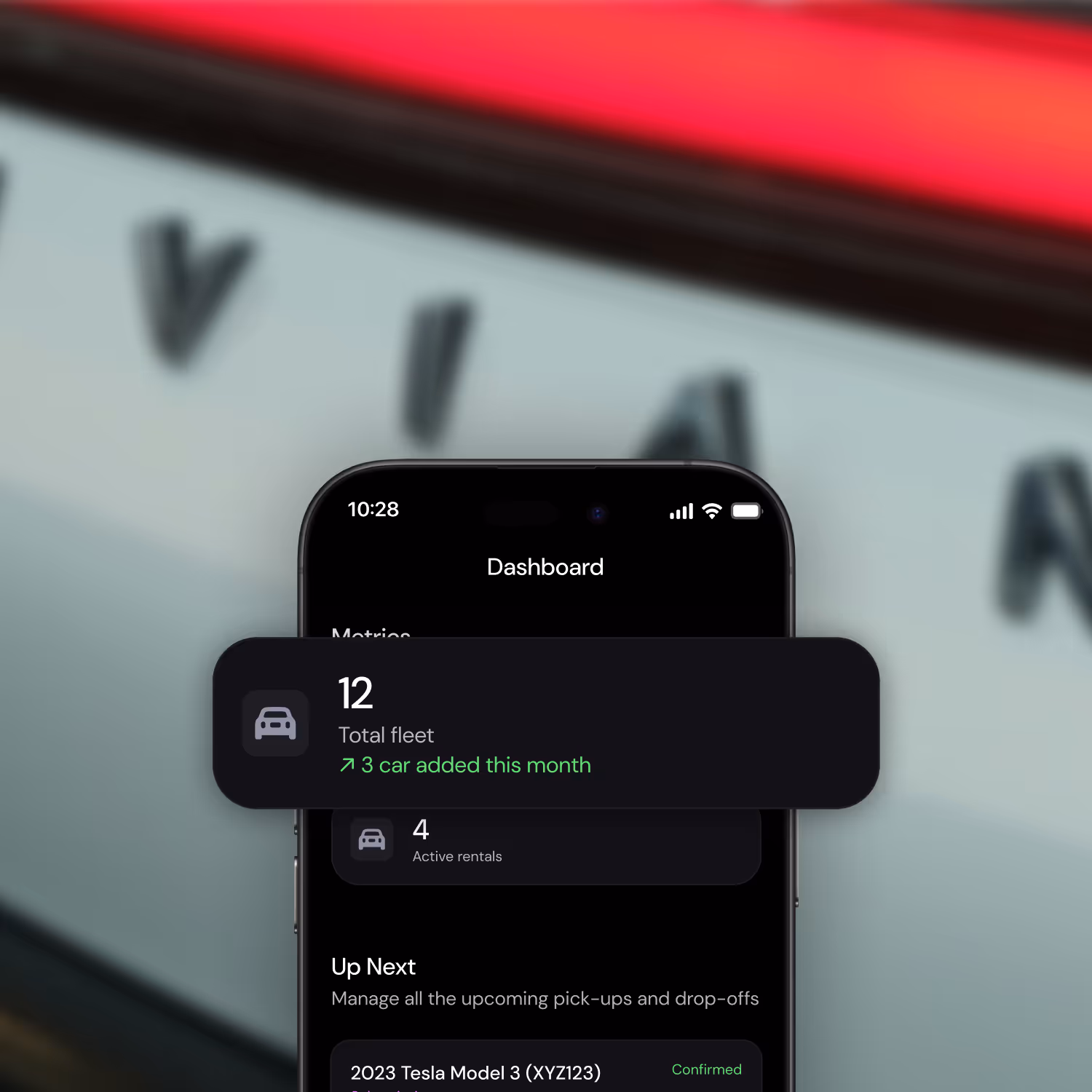 Smartphone screen showing a dashboard with metrics including 12 total fleet vehicles and 3 cars added this month.
