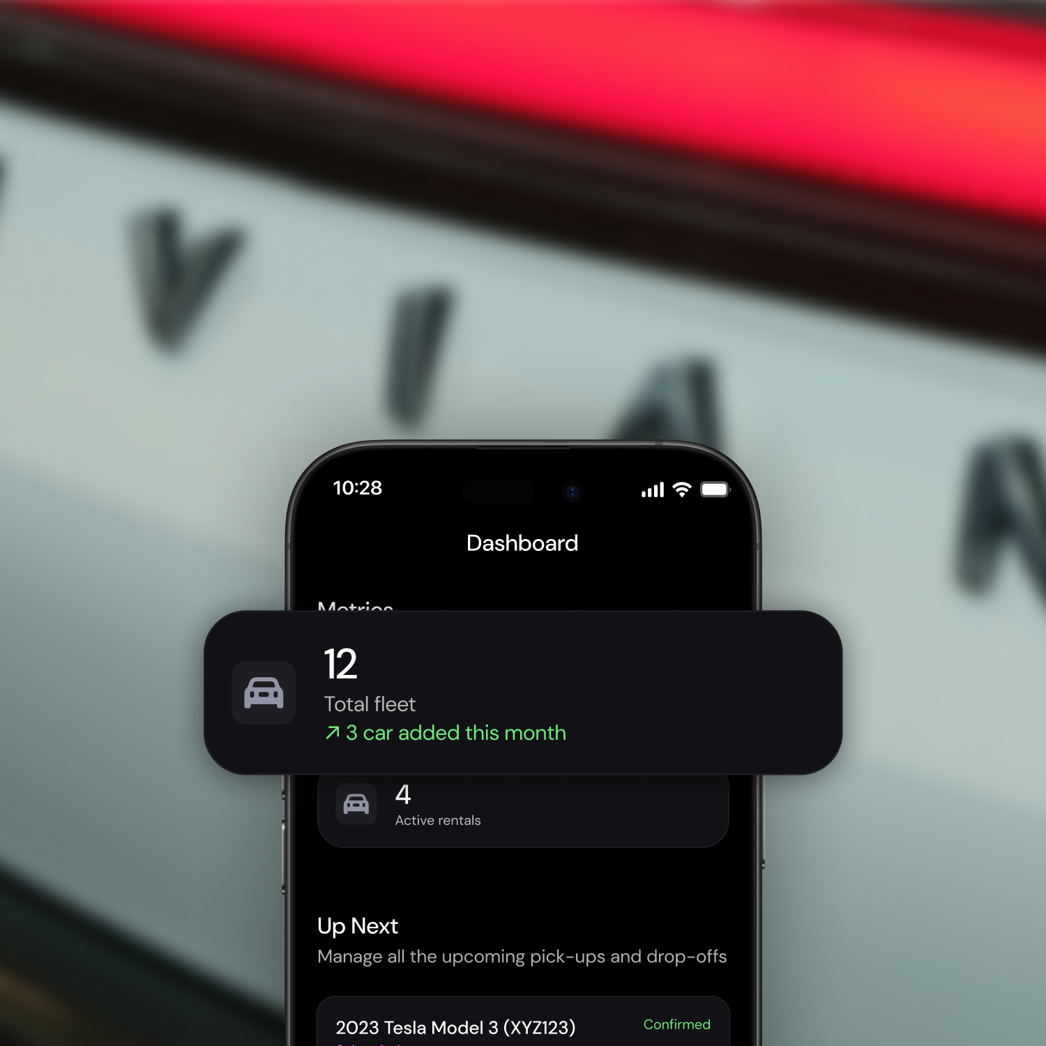 Smartphone screen showing a dashboard with metrics including 12 total fleet vehicles and 3 cars added this month.